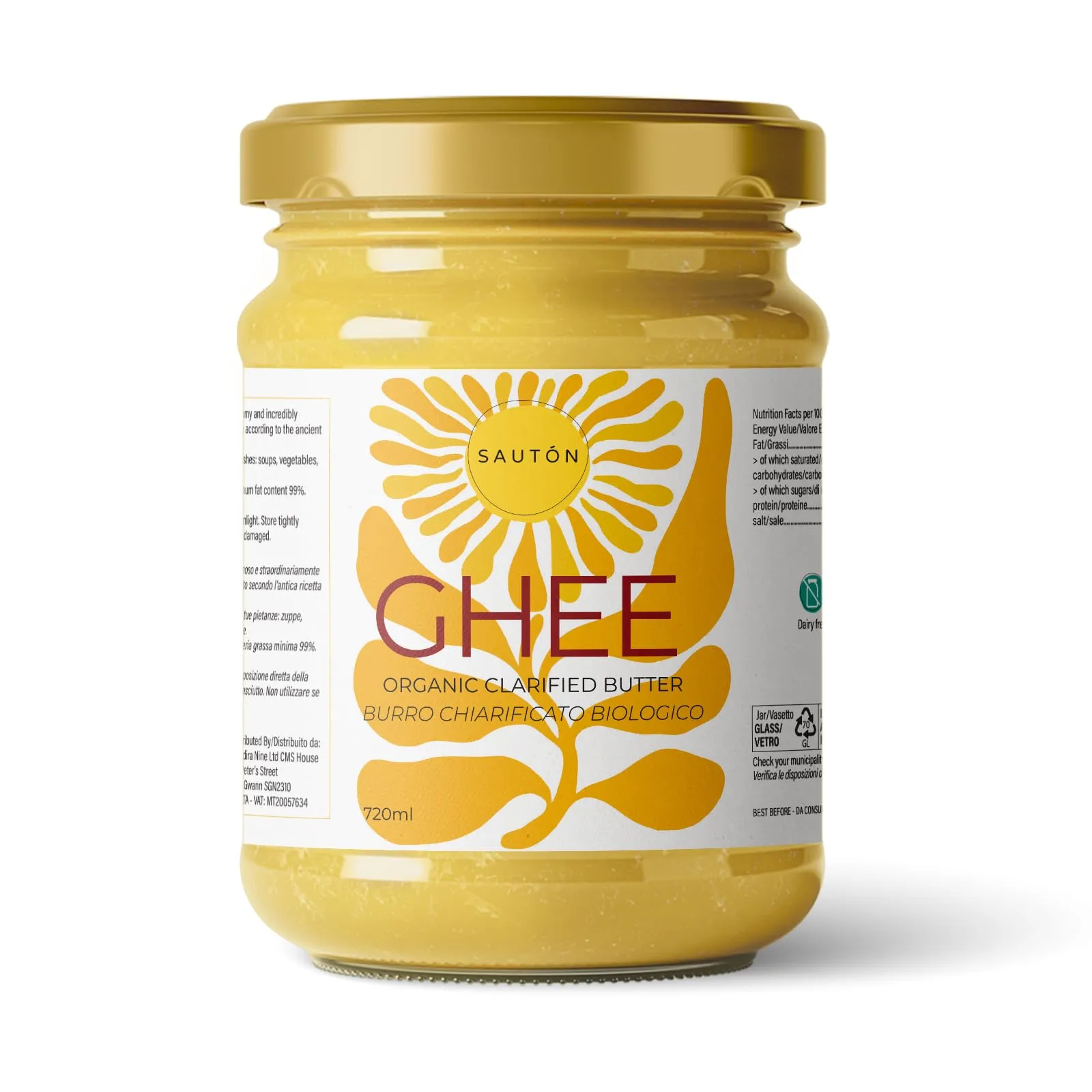 SAUTÓN Ghi Biologico 720 ml, Tradizionale Ricetta Ayurvedica, Burro Chiarificato, Ghee Bio, Gluten Free, Lactose free, Nuts free, Caseine free