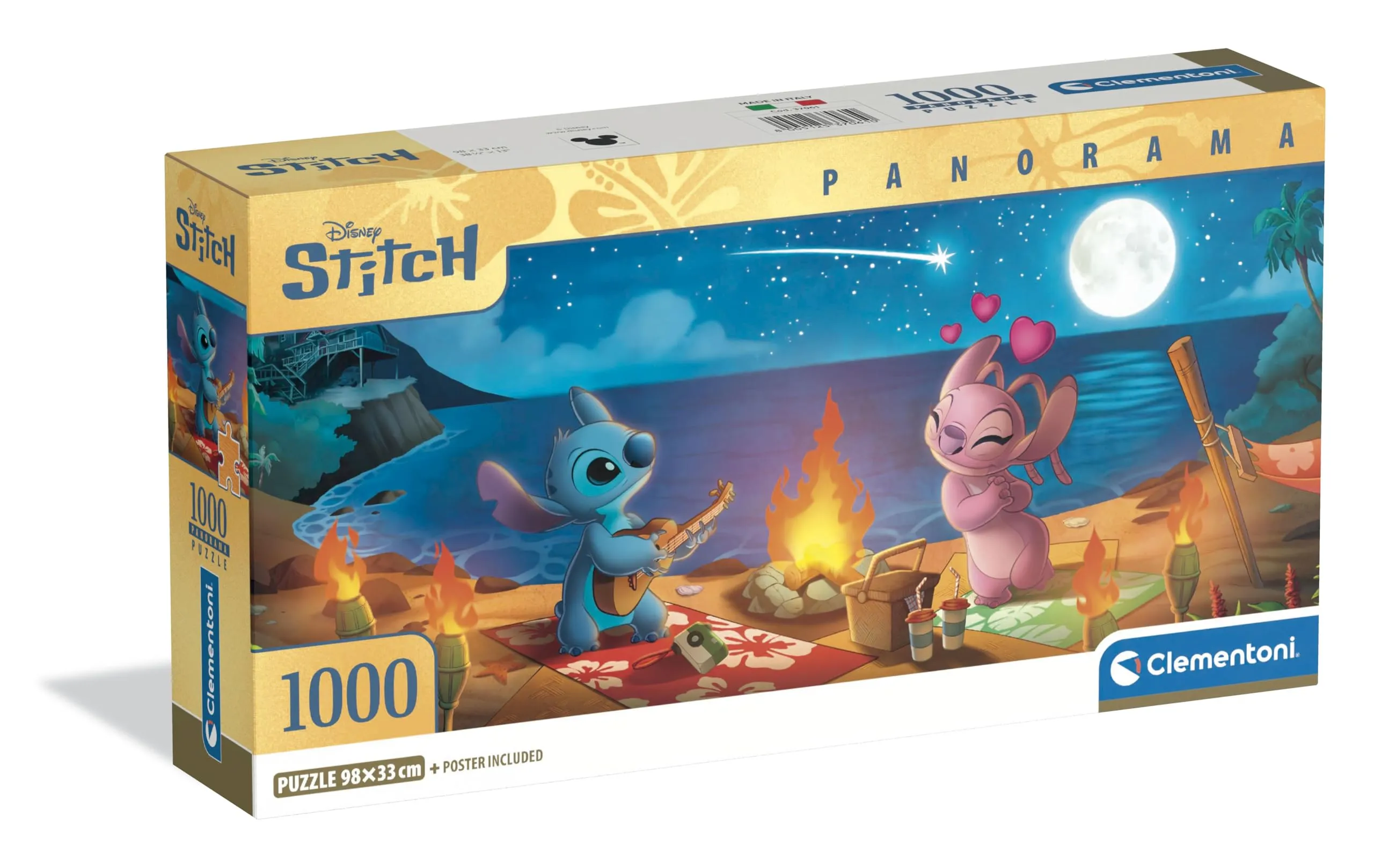 Clementoni - Puzzle 1000 Pezzi per Adulti e Ragazzi, Collection Panorama Tema Disney Lilo e Stitch, con Poster Incluso, Compact Box, Idea Regalo Made in Italy, 98x33 cm, 37061