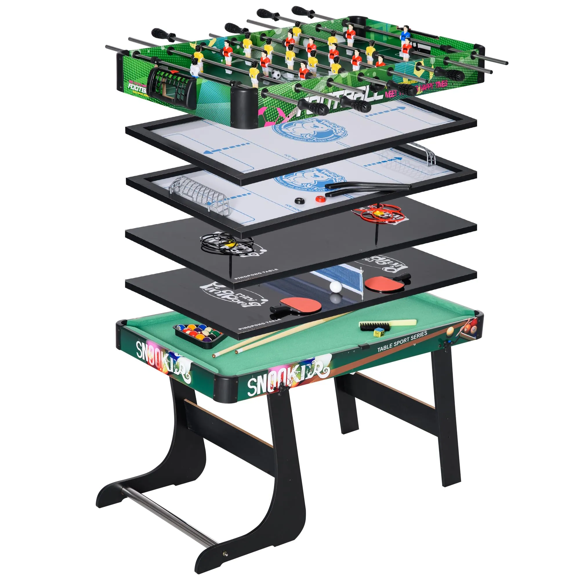 HOMCOM Tavolo Multigioco 6 in 1 Pieghevole, Tavolo da Gioco Multifunzione con Calcio Balilla, Biliardo, Hockey, Ping Pong, Anelli e Ice Hockey per Adulti e Bambini, per Casa Scuola, 118x104x71 cm