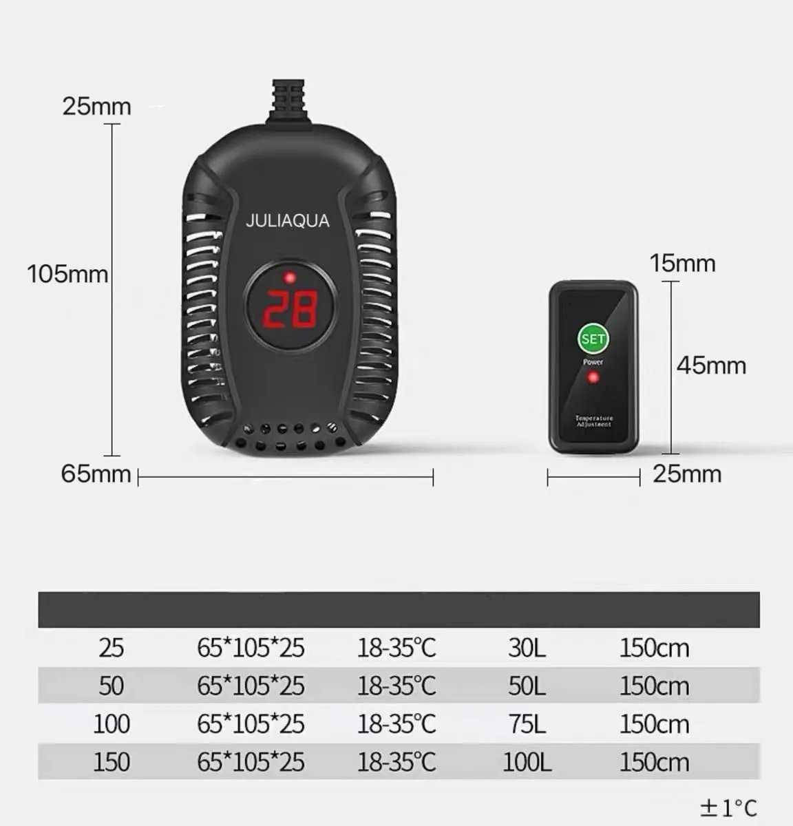 JULIAQUA Riscaldatore per acquario con indicatore di temperatura, scaldabagno regolabile, asta riscaldante per pesci, riscaldamento per tartarughe 25 W/50 W/100 W/150 W (G-50 W)