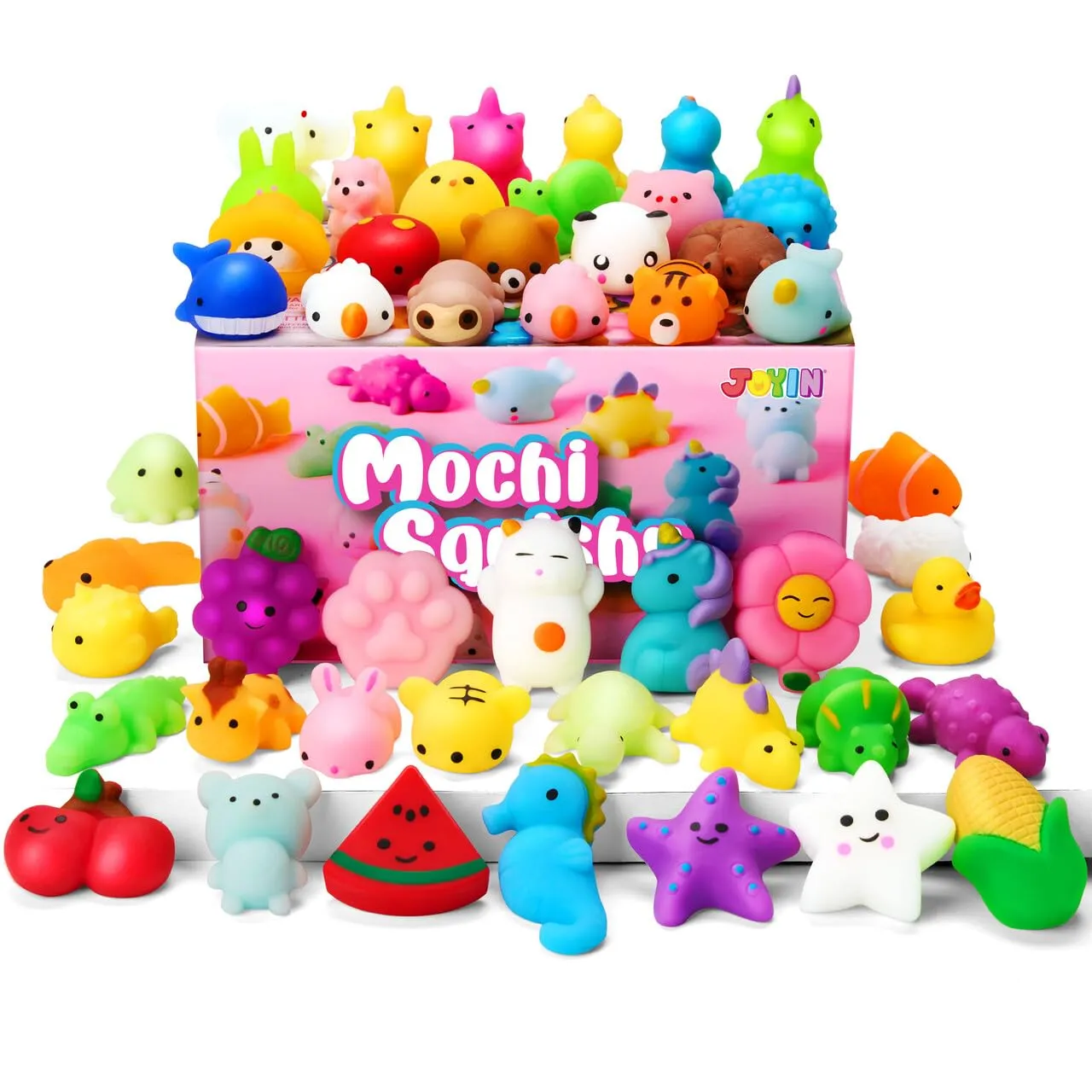 JOYIN Mochi Squishy Toys Set, 25pcs Casuali di Mini Mochi per Bambini, Kawaii Squishy Giocattoli Stress Relief Toys, Riempitori di sacchetti regalo con Scatola di Immagazzinaggio, Premi in Classe