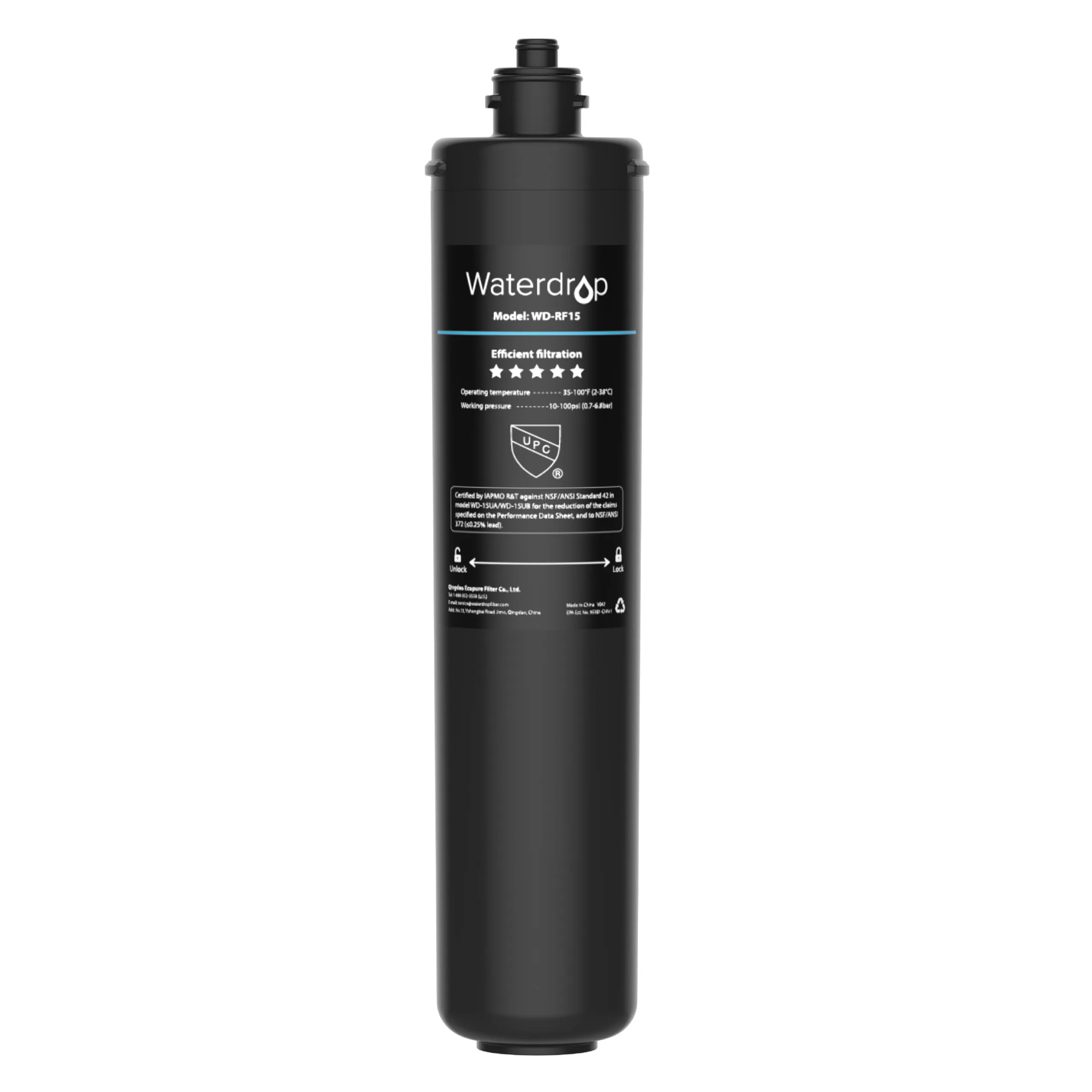 Waterdrop Cartuccia filtro di ricambio RF15 per filtro dell'acqua 15UA/15UB sotto il lavandino, riduce PFOA/PFOS, PFAS, piombo, cloro, cattivo gusto e odore, certificato NSF/ANSI 42, 70.000 litri