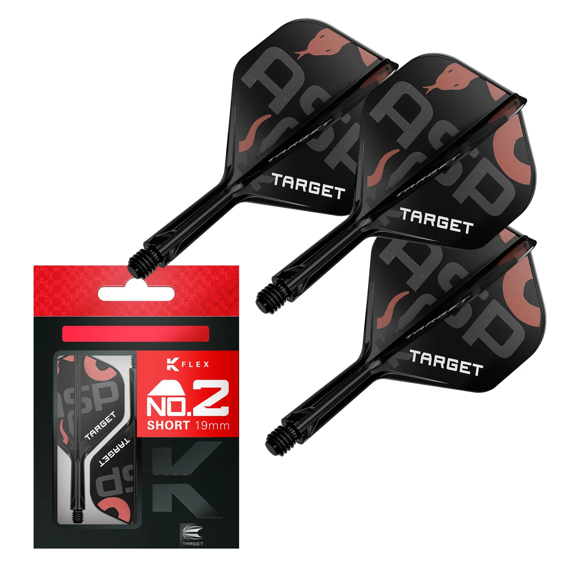 TARGET Darts Nathan Aspinall K Flex Voli e sistema d'albero, No.2 (Corto, 19mm) | Confezione da 3 Kflex All In One Flights, Accessori per freccette Player Edition | Attacco manubrio K-Flex Dart