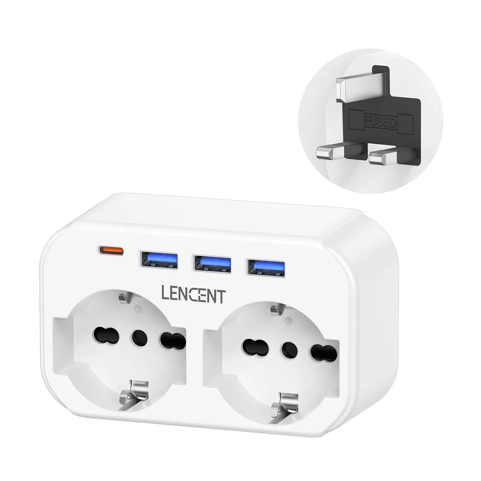 LENCENT Adattatore Presa Inglese da Viaggio, 6 in 1 Spina Tipo G con 2 Prese CA e 3 USB e 1 USB-C, 3250W Adattatore Presa per Viaggiare in Regno Unito, Irlanda, Dubai, Maldive, Scozia, Singapore