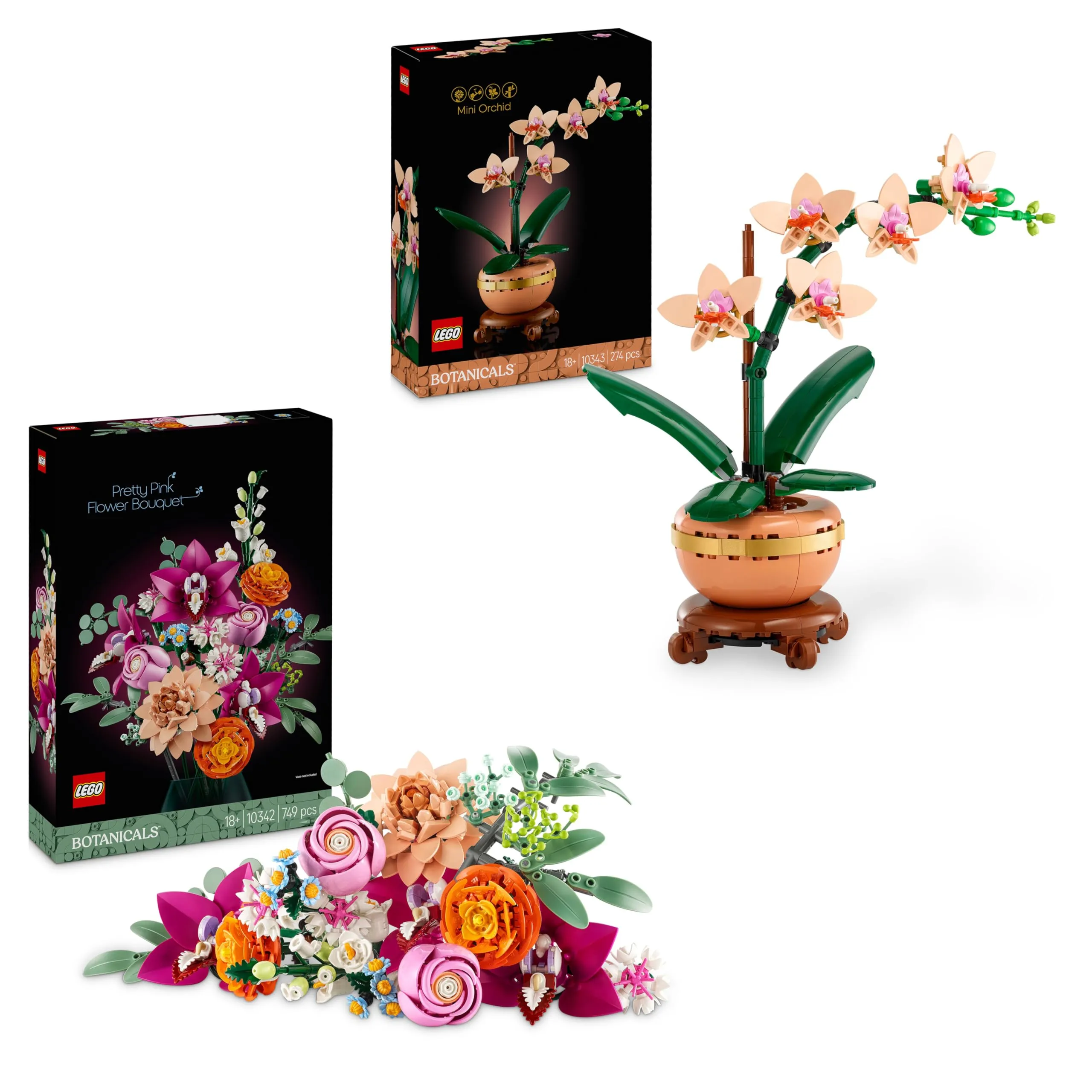 LEGO Bundle Decorazioni Floreali - Set con Mini-Orchidea (10343) e Bouquet di Fiori Rosa (10342) per Adulti - Kit di Fiori Artificiali - Decorazioni casa - Regalo di San Valentino Donna e Uomo 10343