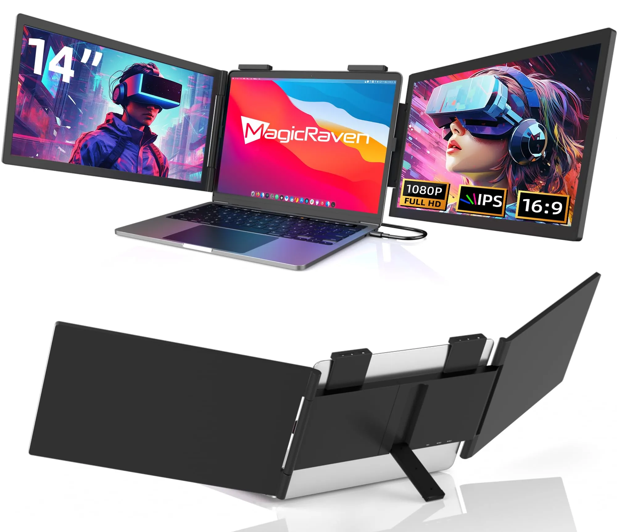MAGICRAVEN Monitor Portatile per Laptop, 14" FHD 1080P IPS Dello Schermo Portatile Triplo Monitors Esterno, Portable Monitor per Portatile 14" a 16", Compatibile con Windows, Mac, Chrome, X-bo