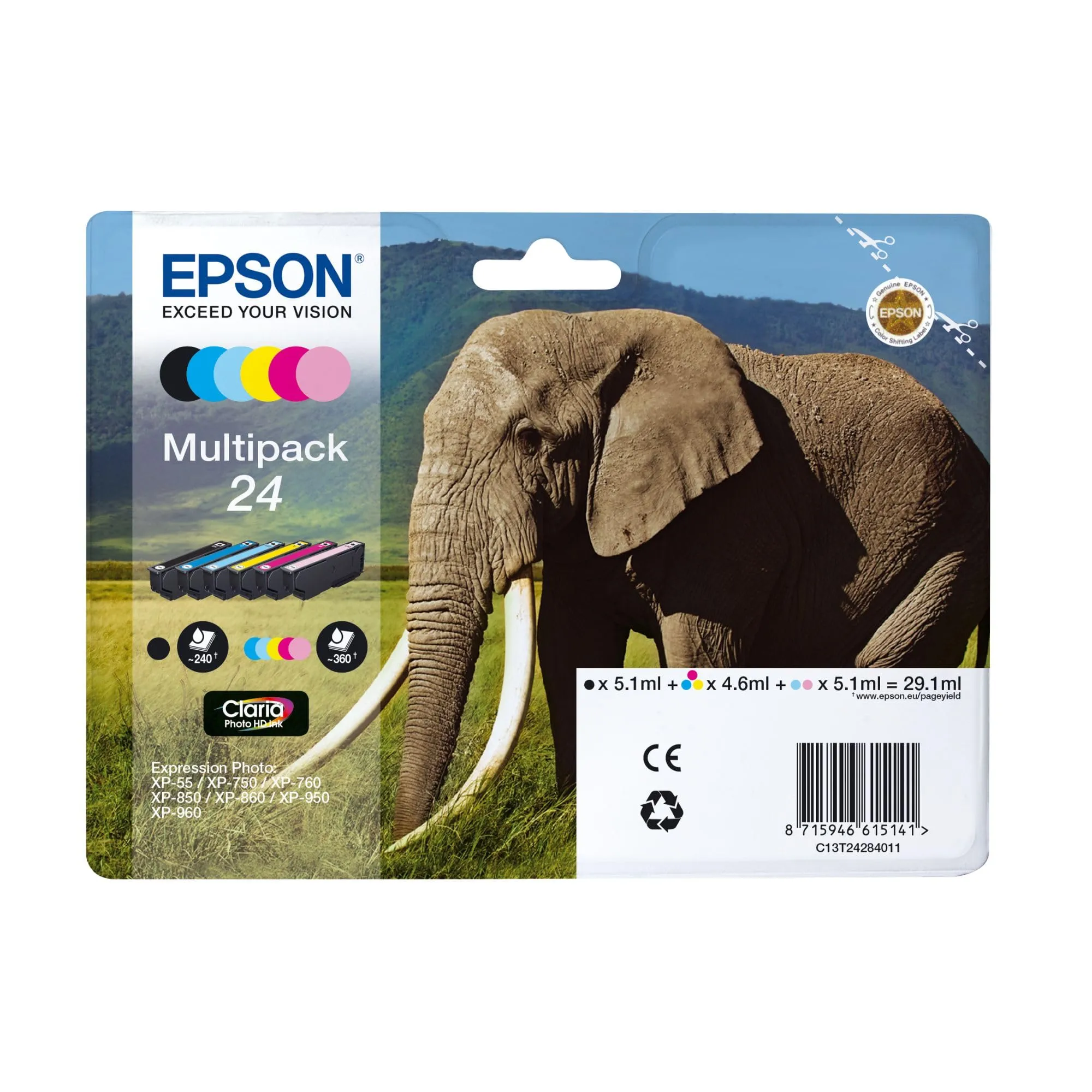 Epson 24 Serie Elefante Cartuccia Originale, Multipack, Standard, 6 Colori