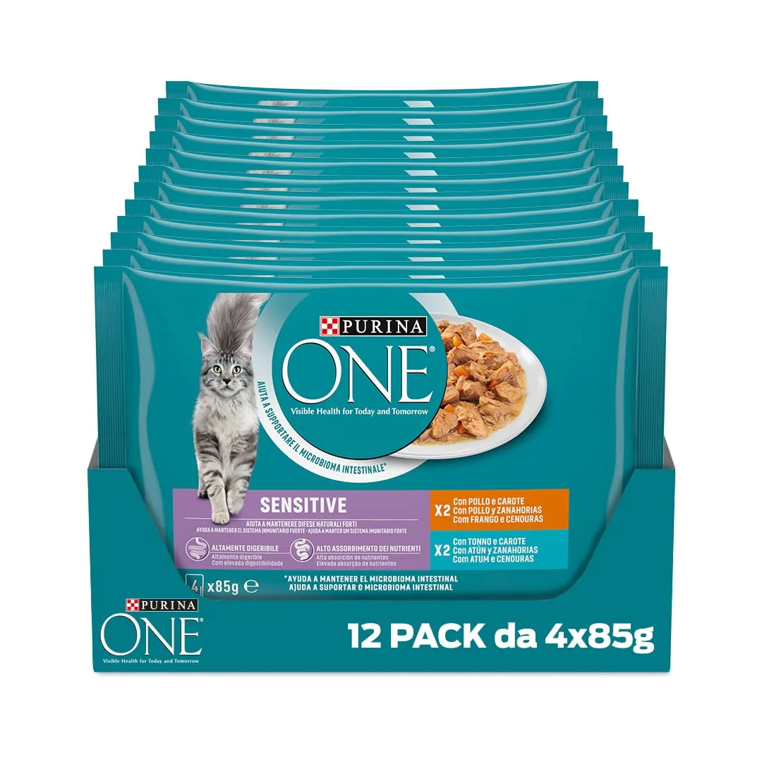 PURINA ONE Sensitive Cibo Umido per Gatti Adulti Filettini in Salsa con Pollo, Tonno e Carote 48 Buste da 85g