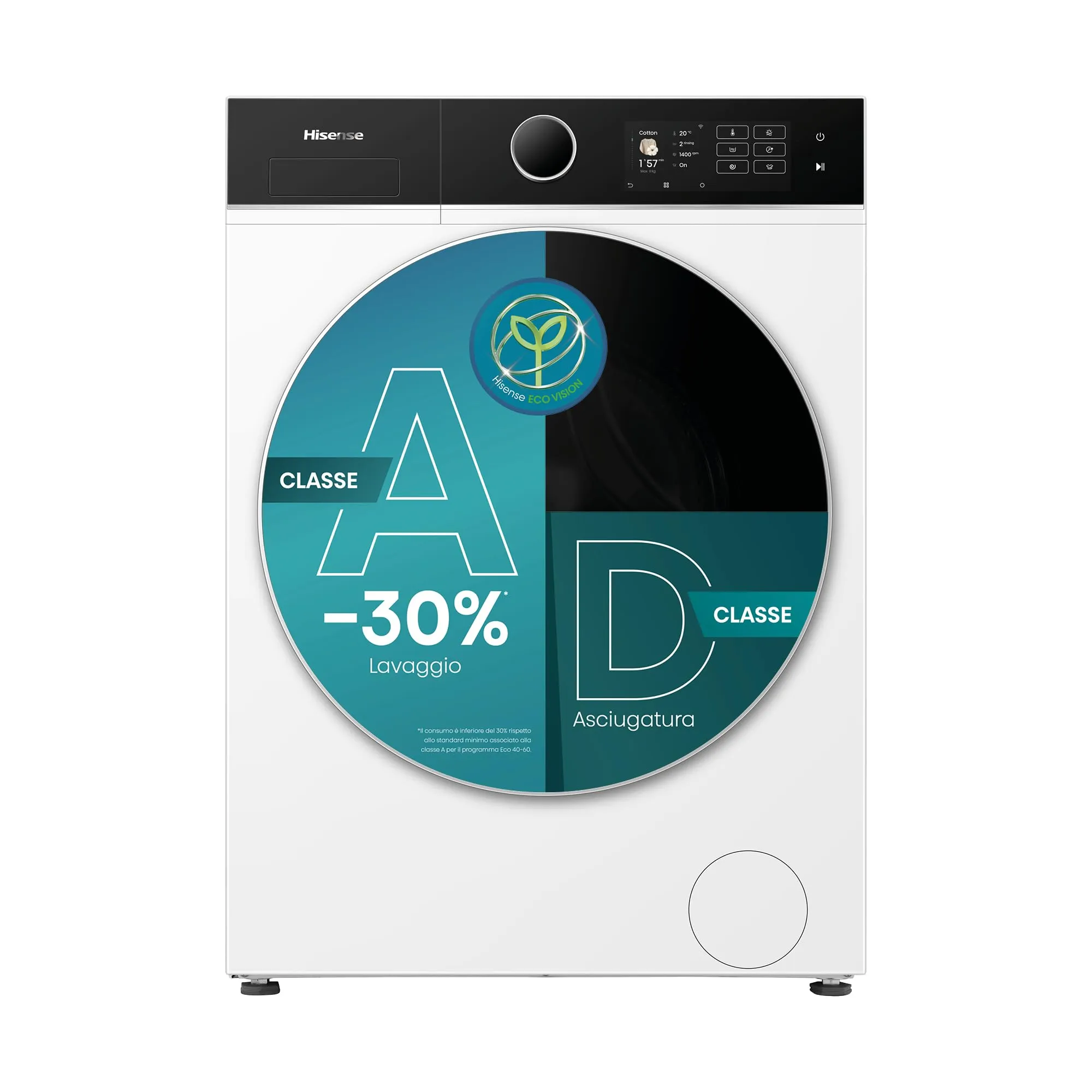 Hisense WD5I8043BWF Lavasciuga Slim a Carica Frontale 8 kg, Slim, Classe A, 1400 rpm, 15 Programmi, Connectivity, Vapore, Refresh, Display Touch, Maxi cestello, Programma Rapido