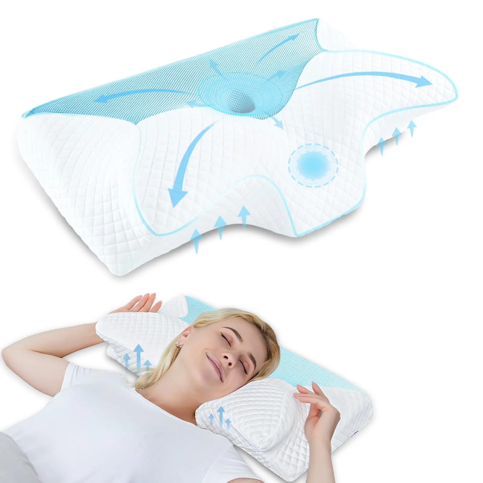 HOMCA Cuscino Cervicale Ergonomico Cuscino Memory Foam per Supporto Cuscino Ortopedico per Dormire sul Fianco e sulla Schiena, Blu