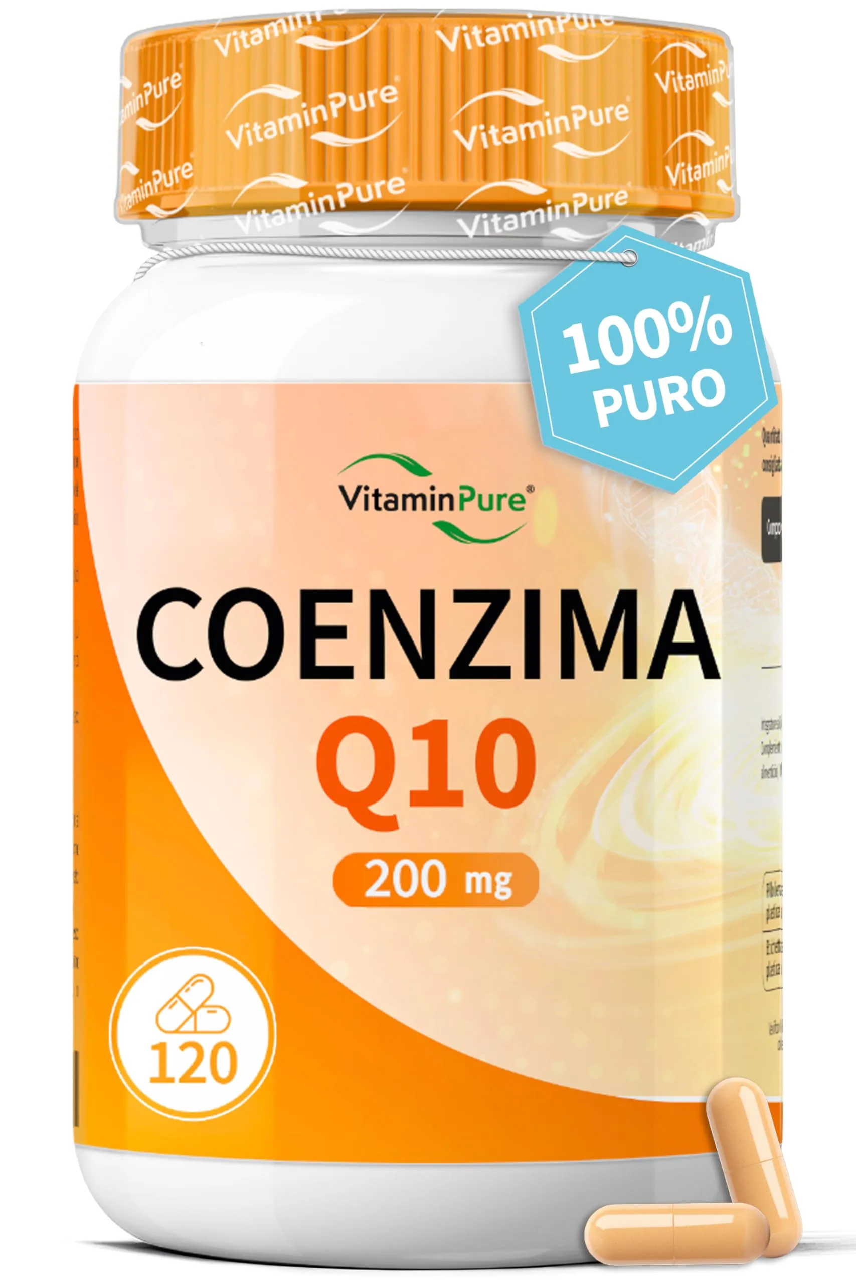 VitaminPure - Coenzima Q10 200mg, 120 Capsule con Ubiquinone Puro Alto Dosaggio, Coq10 200mg Fermentato Naturalmente, Coq10 Alta Biodisponibilità, Q10 Coenzima integratore