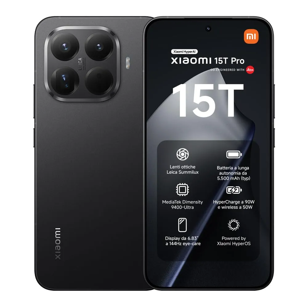 XIAOMI 15T Pro, Smartphone 12+256GB, Display Eye-care da 6,83" 144Hz, MediaTek Dimensity 9400+, Teleobiettivo Leica 5x Pro da 50MP, 5500mAh, Garanzia 2 Anni, Nero, Caricabatterie non incluso