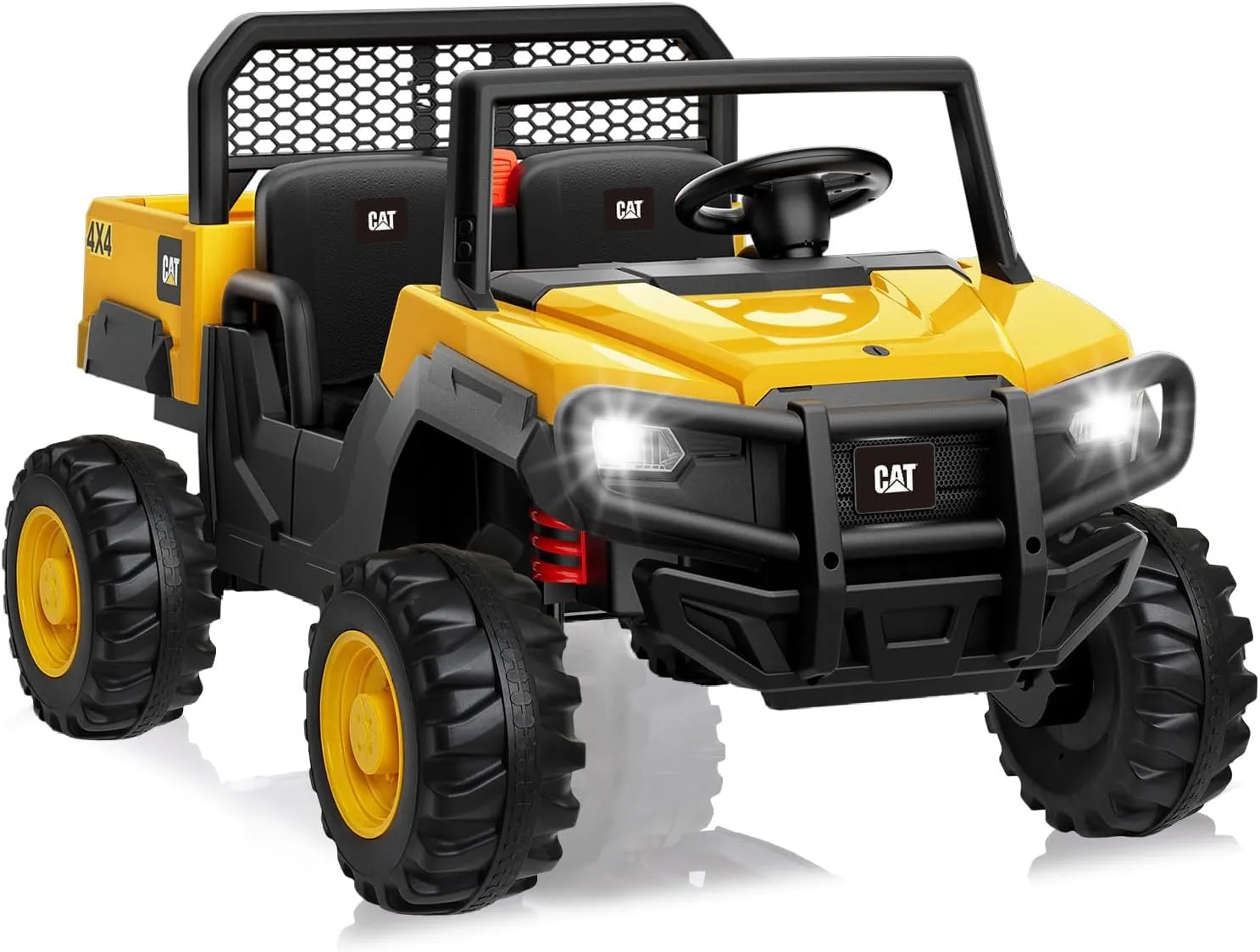Macchina Elettrica 2 Posti Caterpillar 24V per Bambini Camion da Cantiere con Cassone Ribaltabile e Pala 4 Motori da 100W Telecomando per Genitori Carico Massimo 50Kg Giallo