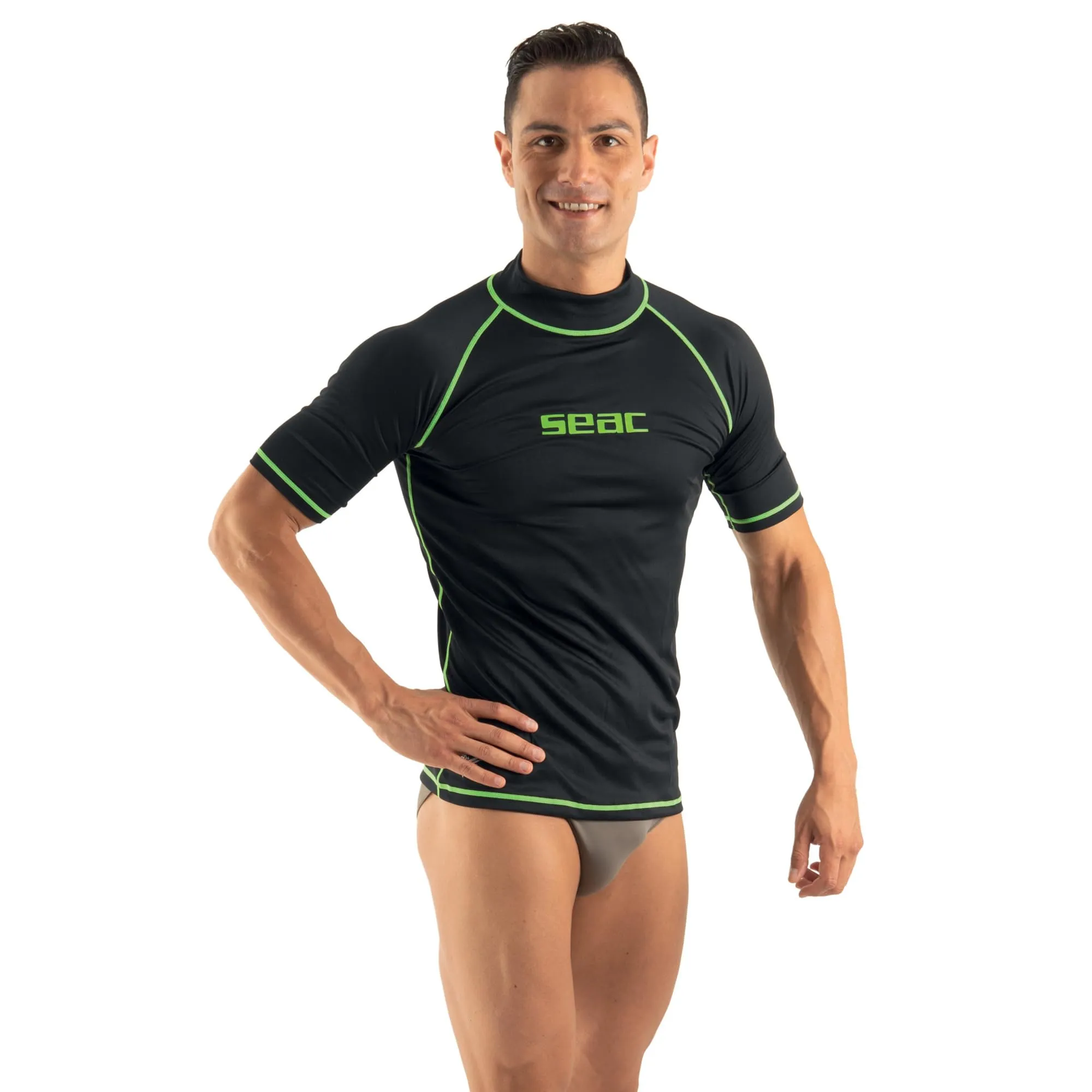 SEAC T-Sun Short Man, Maglia Protettiva Rash Guard per Snorkeling e Nuoto Anti UV, Nero, L
