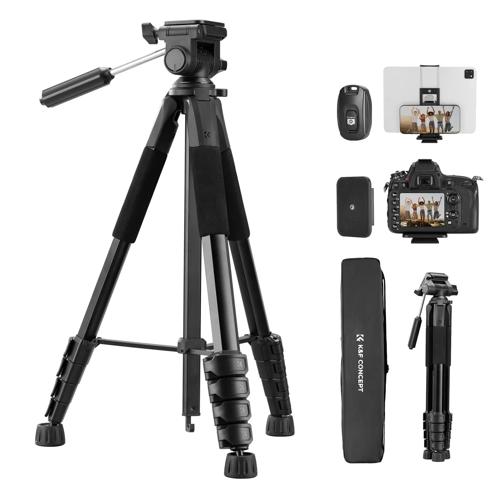 K&F Concept Treppiede Fotocamera e Smartphone 48-190cm, Cavalletto Leggero in Alluminio S255A3+BV01 con Telecomando Bluetooth, Tripod Camera Portatile e Compatto per DSLR/Cellulari/Ipad/Live Streaming