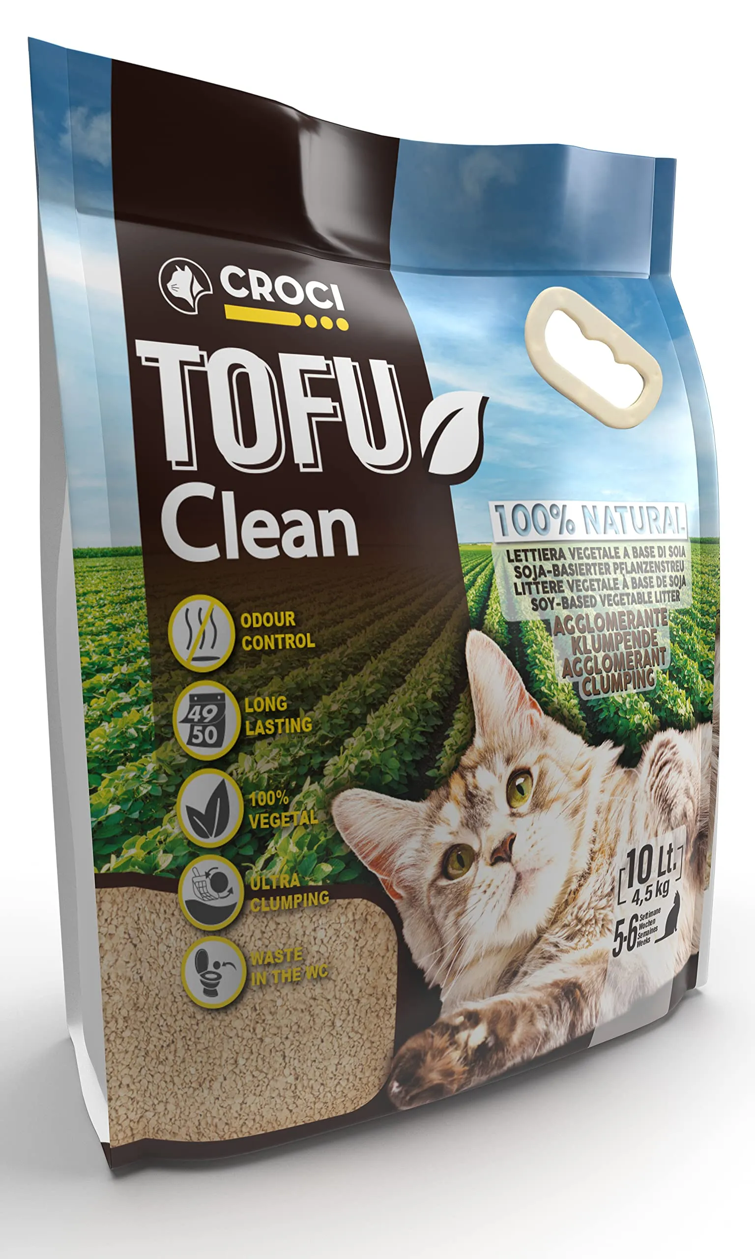 Croci Lettiera Tofu Clean 10L - Lettiera Gatti agglomerante, Biodegradabile si getta nel WC, 100% vegetale, Sabbia Antiodore di lunga durata