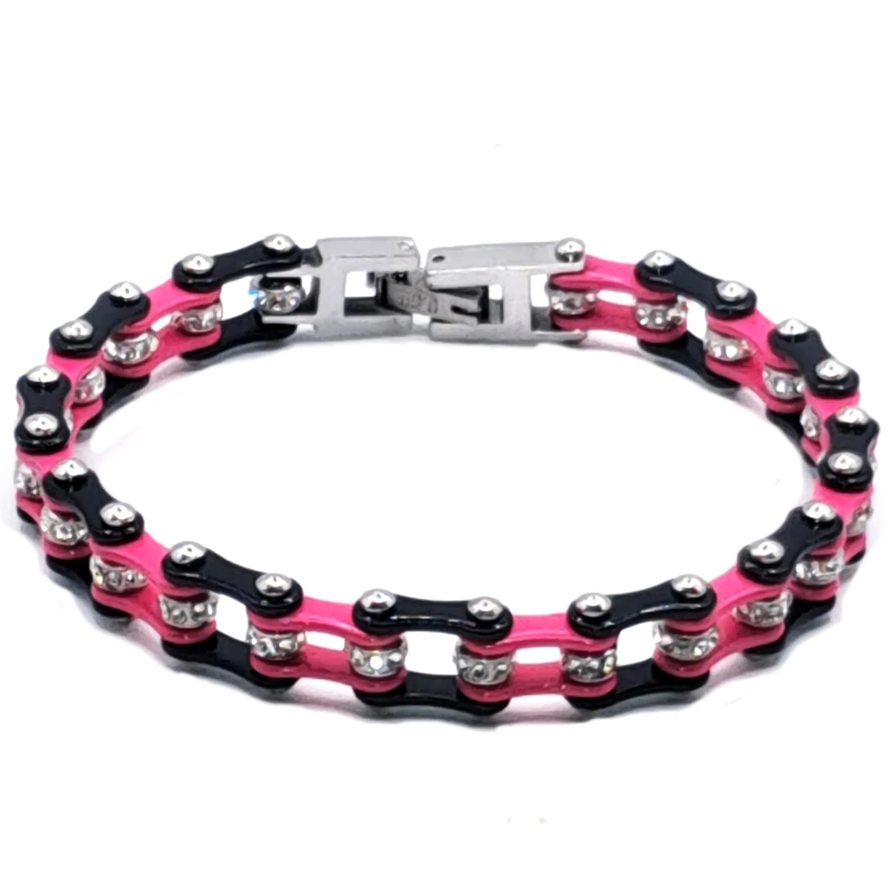 Braccialetto catena moto in acciaio inox bracciale da uomo e da donna nero e fucsia slim con shopper e custodia in omaggio firmato Desja