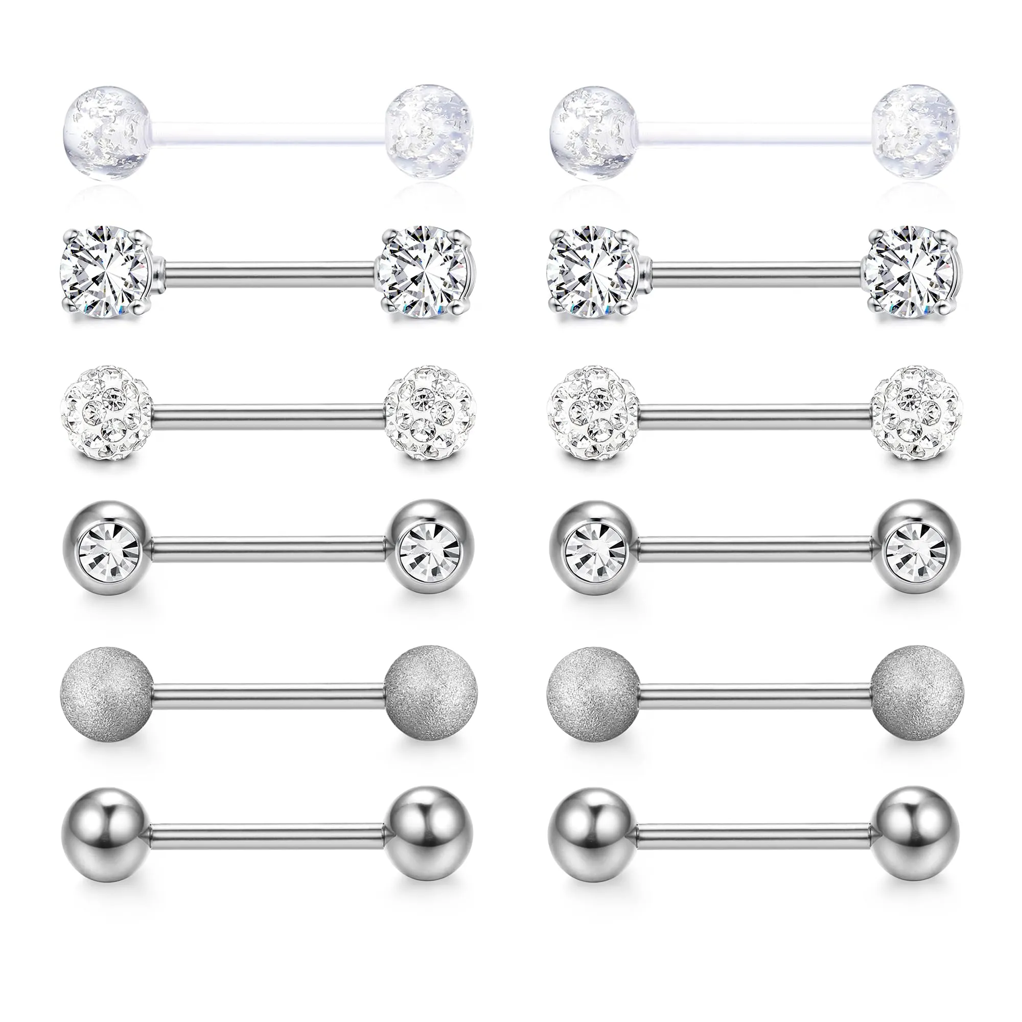 CASSIECA 12Pcs 14G Piercing Capezzolo Argento Piercing Lingua Piercings Lingua Capezzoli Acciaio Chirurgico Argento Barre per Capezzoli Lingua Gioielli per Piercing Barbells Donna 16mm