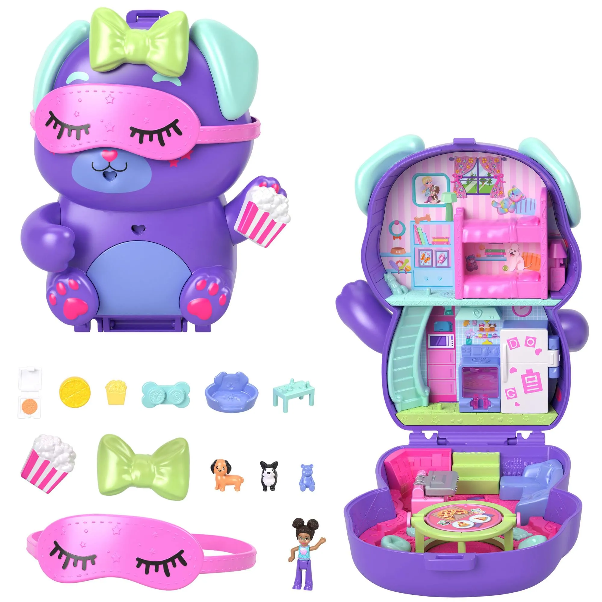 Polly Pocket - Cofanetto Cuccioli in Pigiama, playset da viaggio con 1 mini bambola, 2 cuccioli, cibo e 10 accessori per lo styling inclusi, giocattolo per bambini, 4+ anni, JCR38