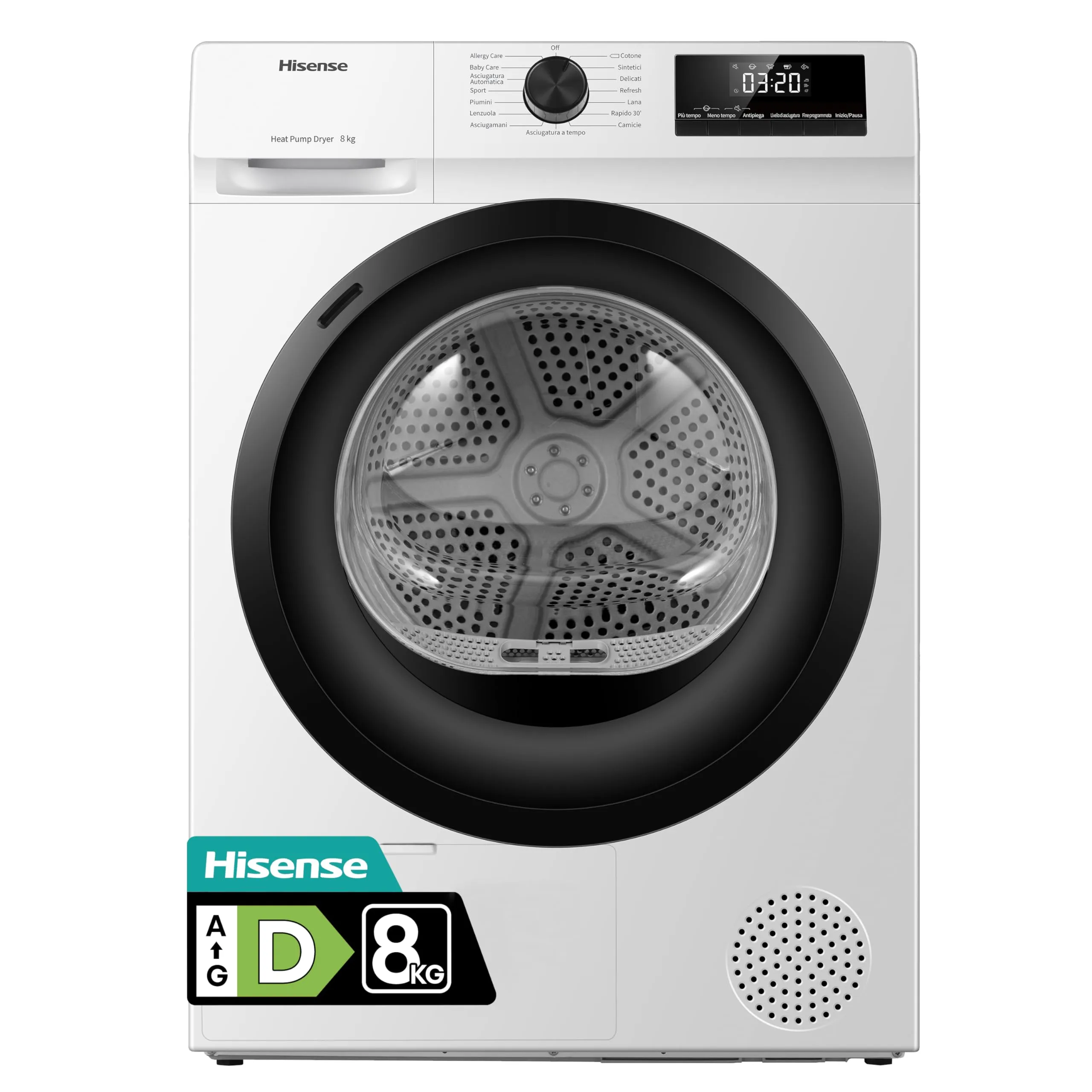 Hisense DHQE800BW2 Asciugatrice A Pompa Di Calore, 8 Kg, A++, Oblò Nero, Big Display, 16 programmi, Refresh