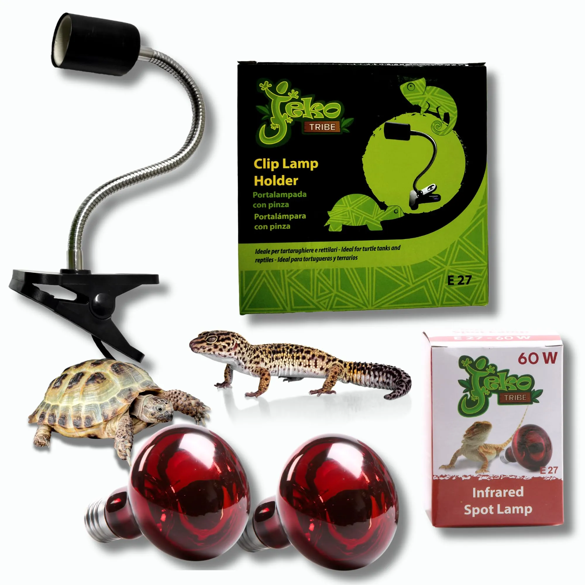 kit 2 Lampade Infrarossi Riscaldanti 60w +E 27 Portalampada Rettili Termica Con Pinza e Interruttore kit Completo Per Rettili e Piccoli Animali Tartarughe da terra Lucertole Serpente ecc... Pet Tribe