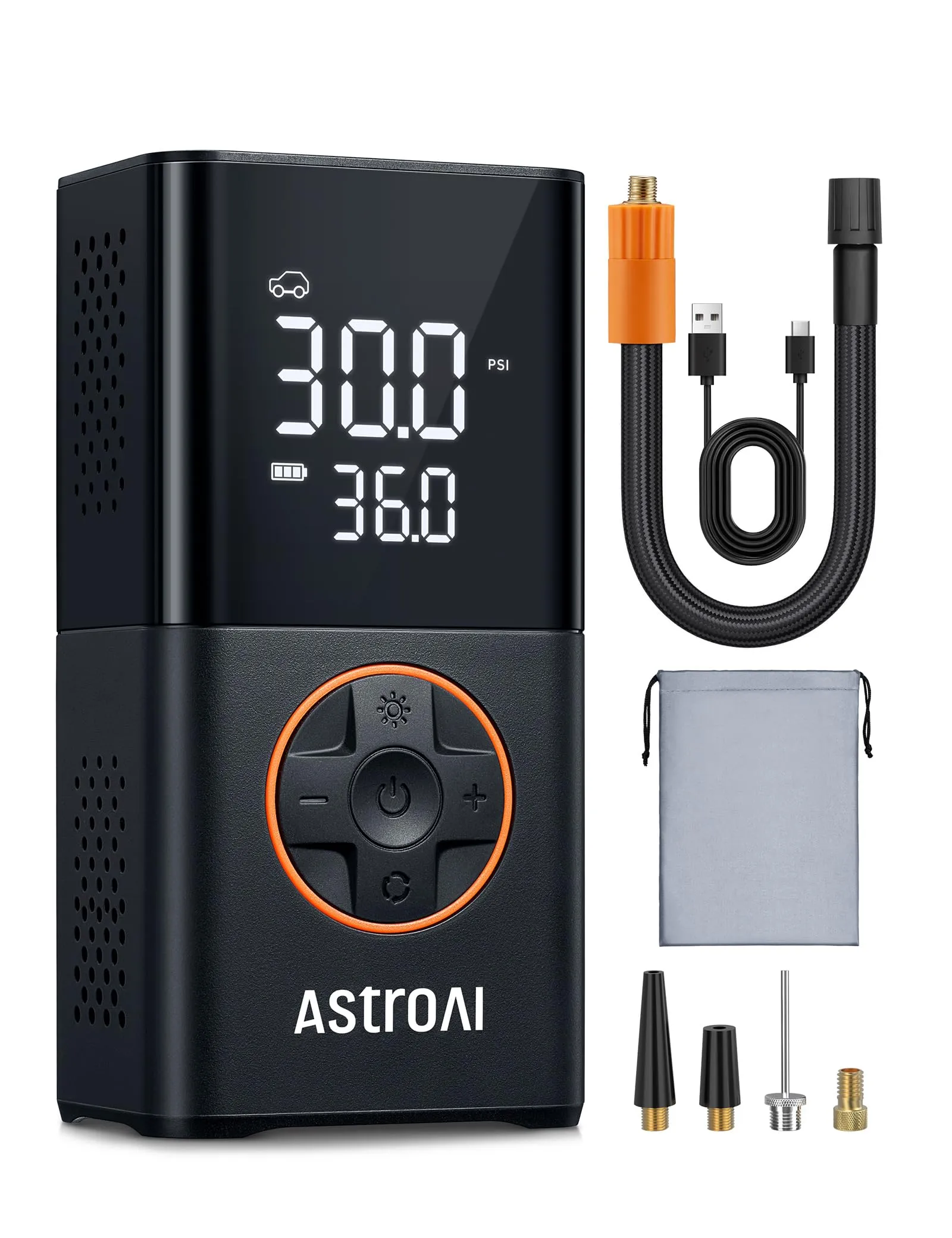AstroAI Compressore Aria Portatile, Mini Compressore Portatile Auto, Pompa d'Aria per Bicicletta, Gonfiatore per Ruote Auto con Luce LED e Batteria Ricaricabile da 4000 mAh, Motociclette, Palloni