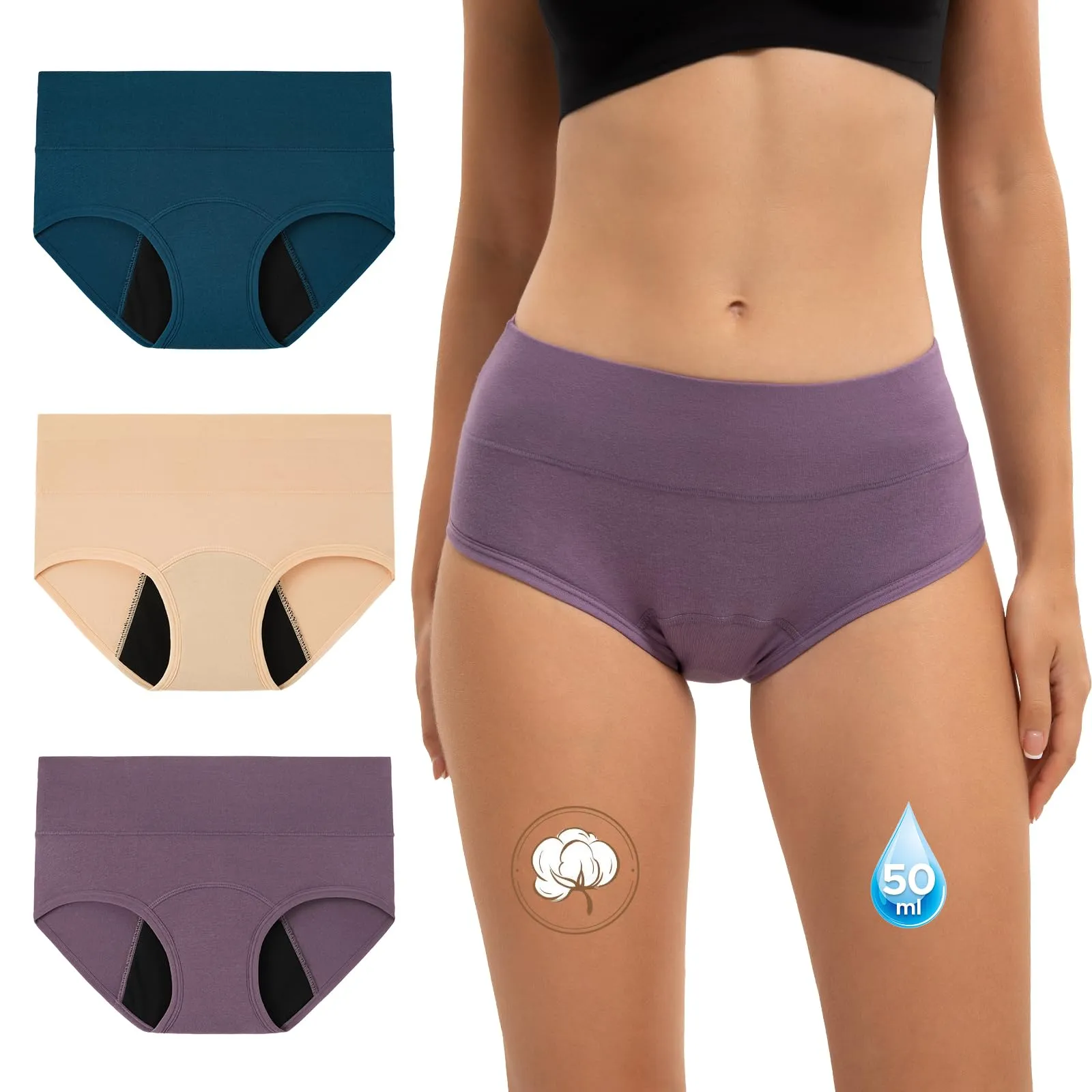 INNERSY Slip Ciclo Mestruale Donna Flusso Abbondante Mutande Post Parto Incontinenza Pacco da 3 (M, Blu, Beige, Viola)