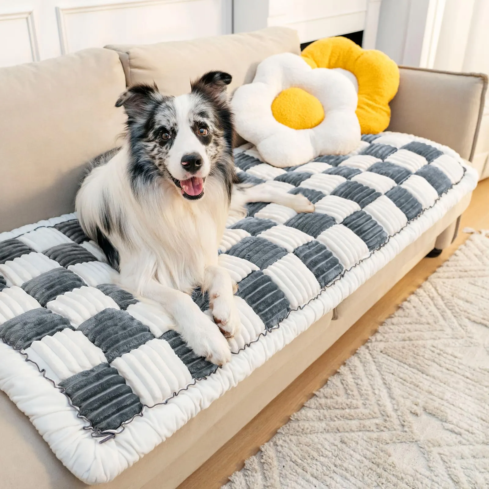 FUNNY FUZZY Copridivano per animali domestici, lavabile, color crema, per mobili e cani, realizzato a mano, in puro cotone (blu grigiastro, 60 x 203 cm)