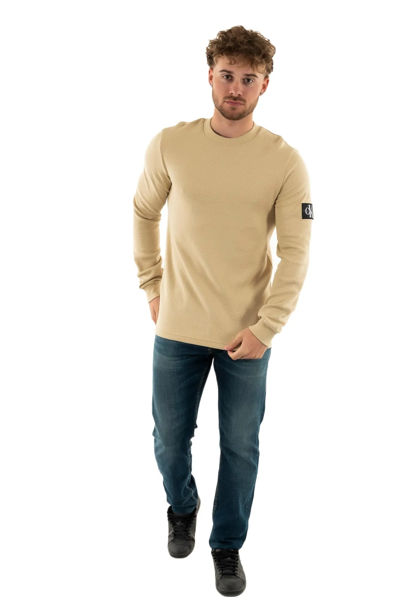 Calvin Klein Jeans Maglietta Maniche Lunghe Uomo Badge Waffle LS Tee Basic, Beige (Pale Khaki), XXS
