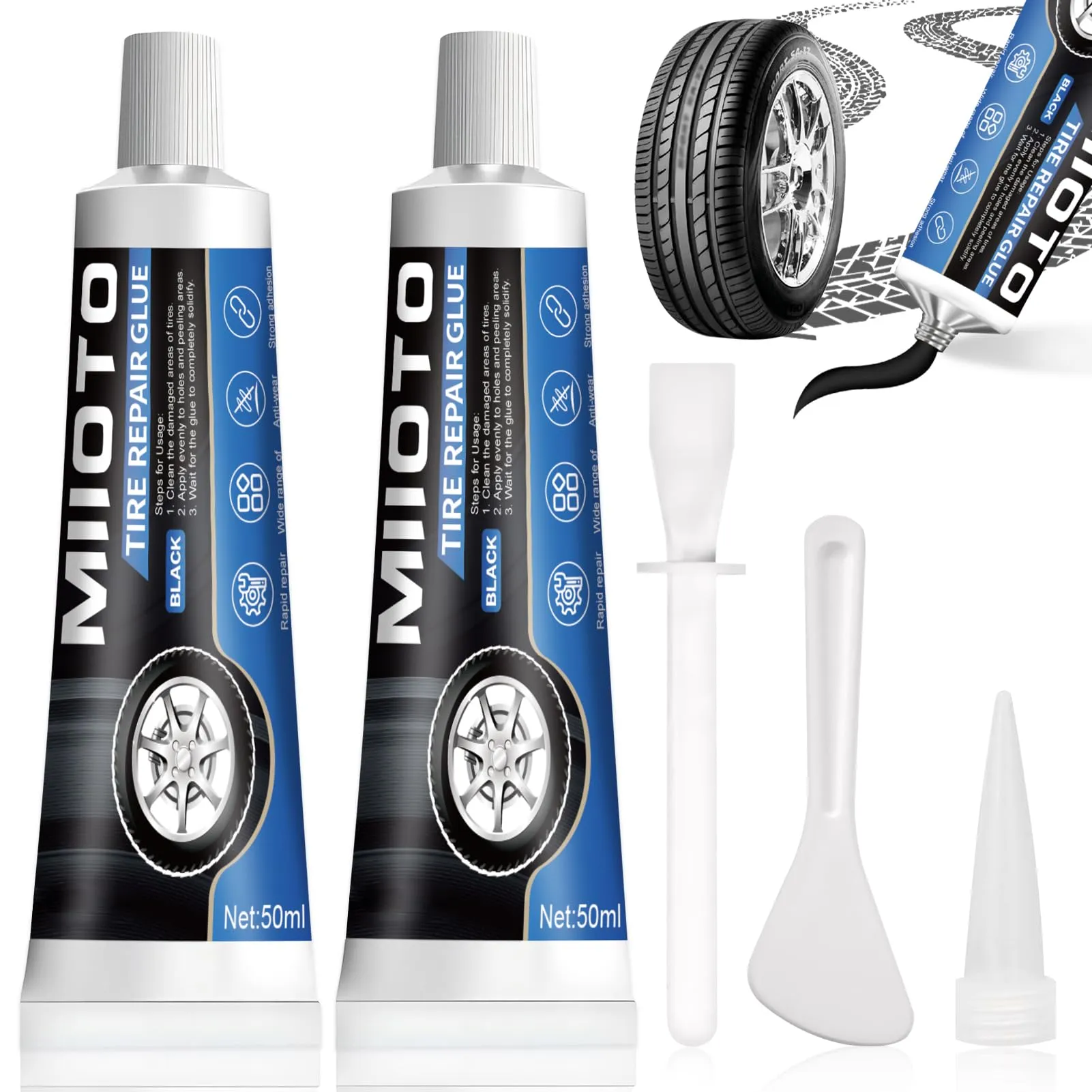 Miioto 2 Mastice per Riparazione Pneumatici, Colla per Riparazione Pneumatici, Kit Ripara Gomme Auto, Viene Fornito con Ugello e Raschietto, Adatto per Crepe, Buchi e Desquamazione di Vari Pneumatici