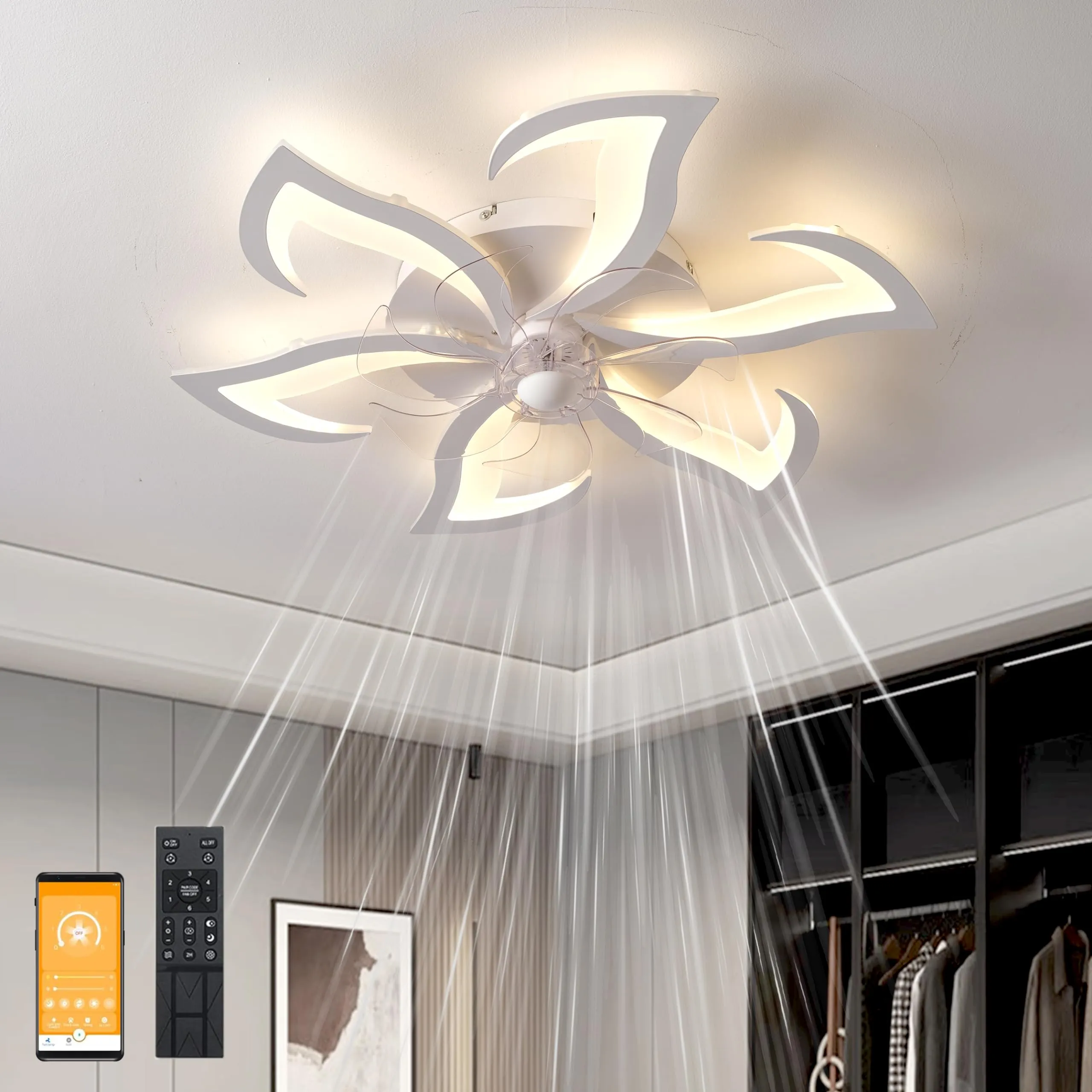MYYCX Ventilatore da Soffitto con Luce e telecomando, Dimmerabile LED Plafoniere, Lampada da soffitto con Ventilatore Regolabile 6 Velocità/Reversibili, Memoria, Tempistica (70cm/6 Luce)