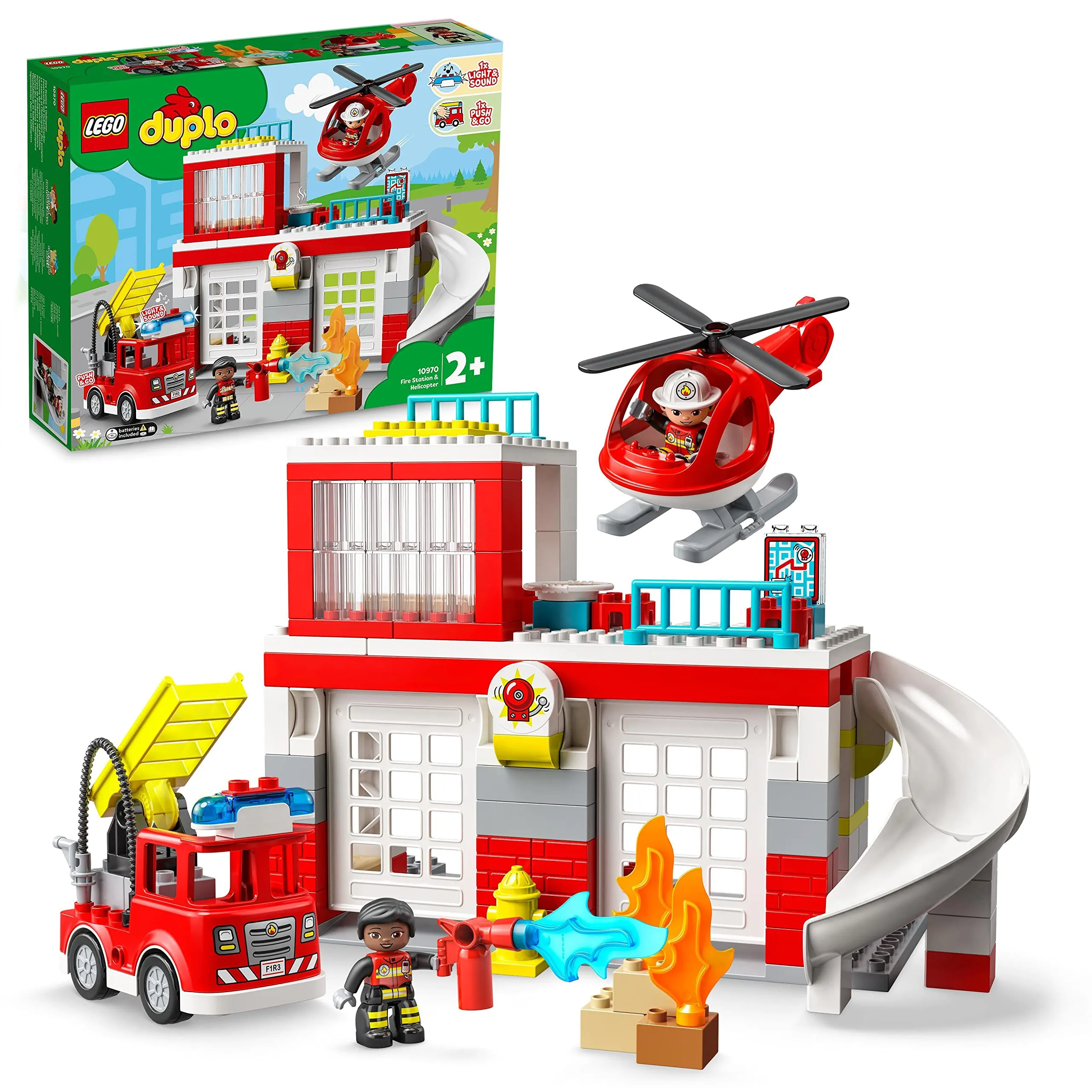 LEGO DUPLO Caserma Dei Pompieri ed Elicottero, Set con Camion Giocattolo dei Vigili del Fuoco e 2 Personaggi, Giochi Educativi per Bambini e Bambine da 2 Anni in su, Idee Regalo Creative 10970