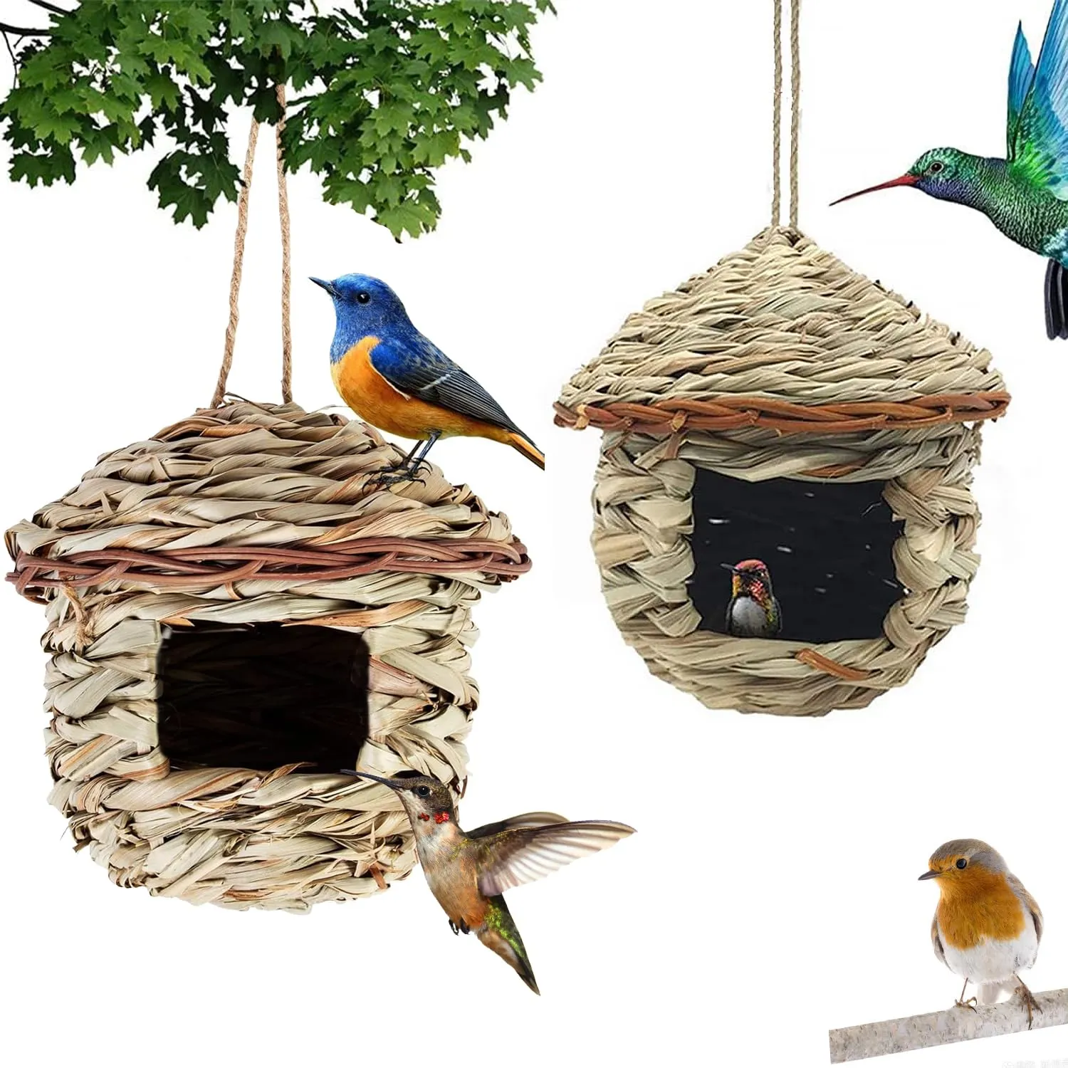 2 Pezzi Nido Uccello Erba Casetta, Casa Degli Uccelli di Paglia, Nido per Uccelli Selvatici All'aperto, Casetta Uccellini da Esterno per Uccellini Come Colibrì, Merli, Passeri e Cinciarelle