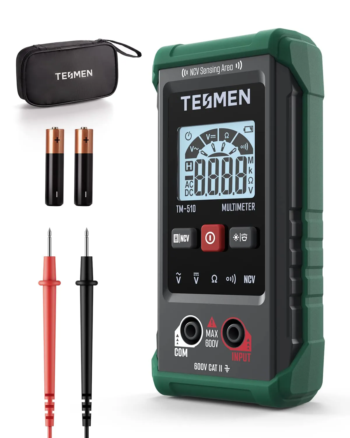 TESMEN TM-510 Multimetro Digitale, 4000 Conta Tester Elettricista, Misurazione Smart, Autoranging, Senza Contatto, Misura Tensione AC/DC, Resistenza, Continuità – Verde