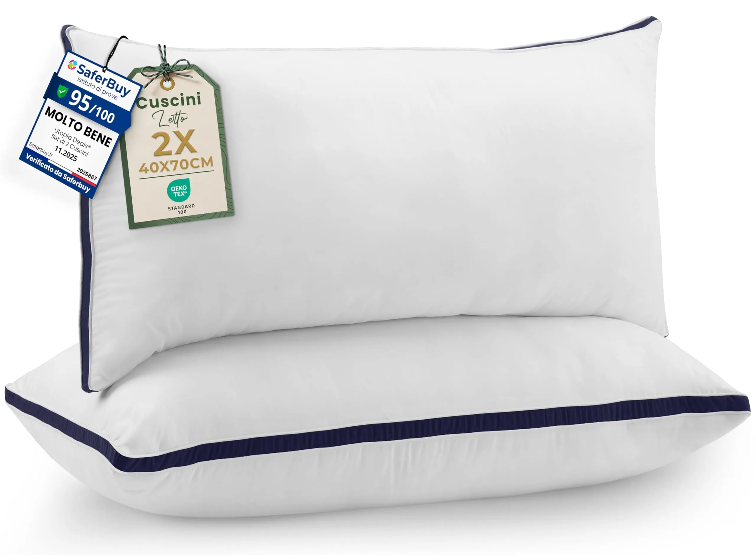 Utopia Bedding Cuscini Letto (Set di 2), 40 x 70 cm Guanciali Letto Coppia - Tessuto spazzolato con Fibra di Poliestere 3D - Morbida e Traspirante Cuscini (Blu Marino)