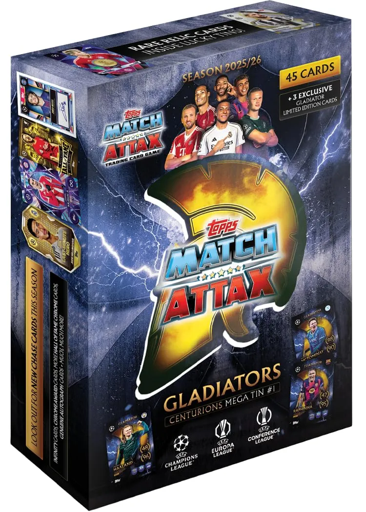 Topps UCC Match Attax 2025/26 - Mega Lattina - Centurions - contiene 45 carte Match Attax Plus 3 carte esclusive Gladiators LE.