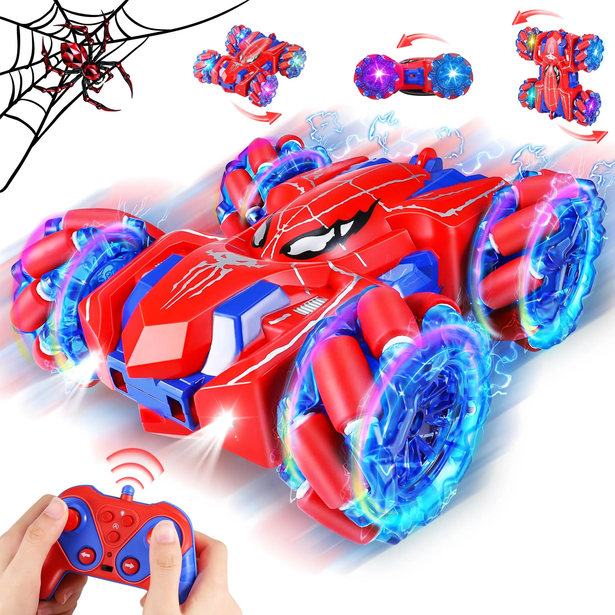 Spider Macchina Telecomandata - 2.4Ghz Salti mortali a 360° Doppio Lato Monster Truck per Ragazzi di 4 5 6 7 8 Anni, 4WD RC Auto Acrobatica con Luci Fredde, Compleanno Regali di Natale Giocattoli
