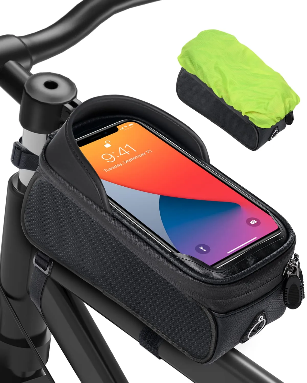 Borsa da bicicletta, telaio per bicicletta, supporto per cellulare, borsa per telaio, borsa per manubrio, supporto per cellulare, tasca superiore con foro per cuffie per smartphone sotto i 6,8"