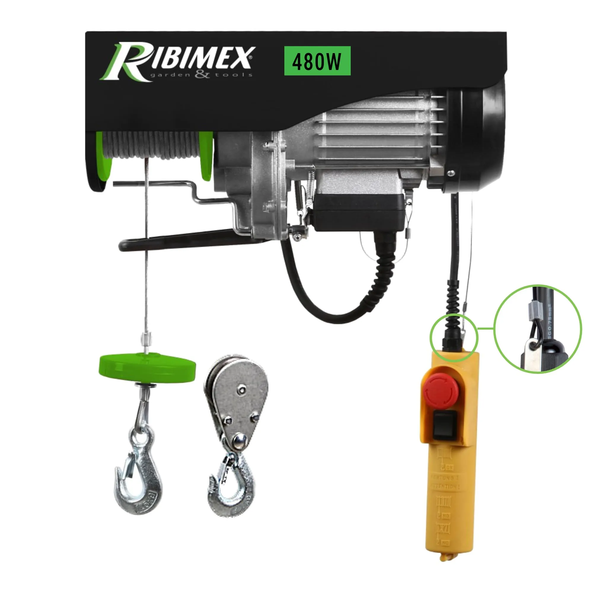 Ribimex Paranco Elettrico da 100/200 Kg con Puleggia, Motore Monofase da 480 W, Cavo in Acciaio di 12 m, Velocità di Sollevamento Fino a 10 m/min per Uso Domestico e Industriale - PE100/200PT