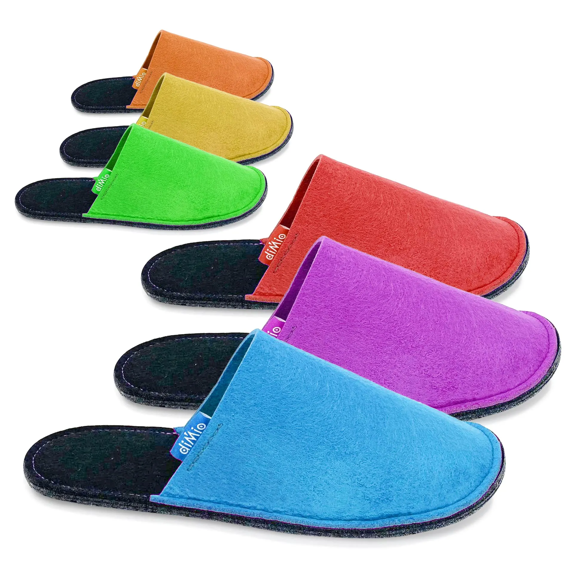 diMio - Set di 6 paia di pantofole in feltro di poliestere di alta qualità in colori vivaci e diverse misure, ideali per la casa, la camera degli ospiti e i B&B