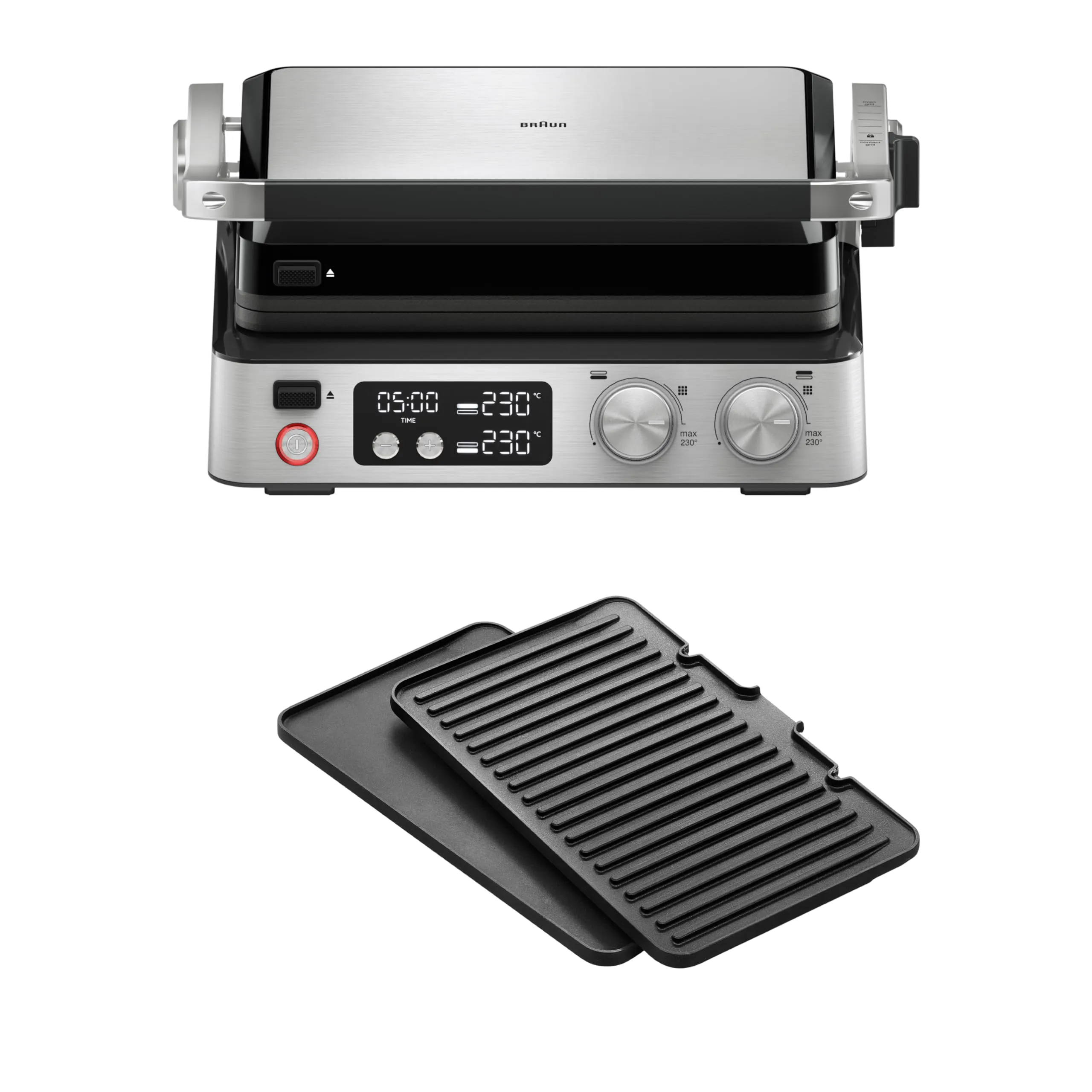 Braun MultiGrill 7 CG 7040, Griglia Elettrica con Controllo Elettronico, 2 Termostati Indipendenti, 3 Posizioni di Cottura, Piastre Lavabili in Lavastoviglie, 2000 W, Nero/Acciaio Inossidabile