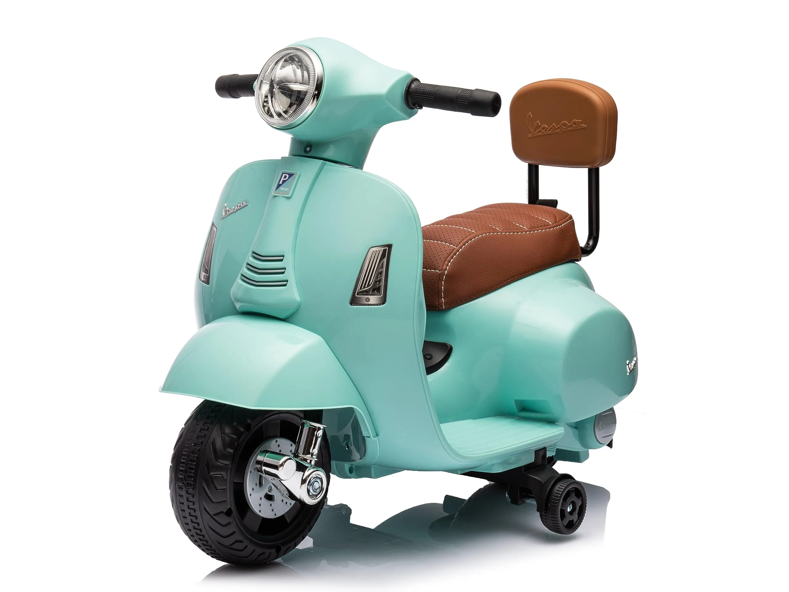 Mondial Toys Moto Elettrica Scooter per Bambini Mini Vespa GTS Piaggio 6V con Schienale Sedile in Pelle Luci Suoni Verde Tiffany