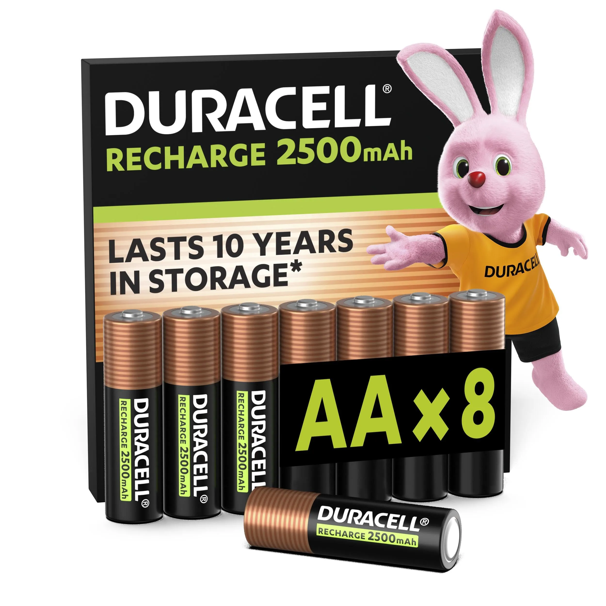 Duracell Batterie Ricaricabili AA (Confezione da 8), 2500 mAh NiMH, pre-caricate, le nostre batterie ricaricabili n.1 per lunga durata con una confezione plastic free e 100% riciclabile