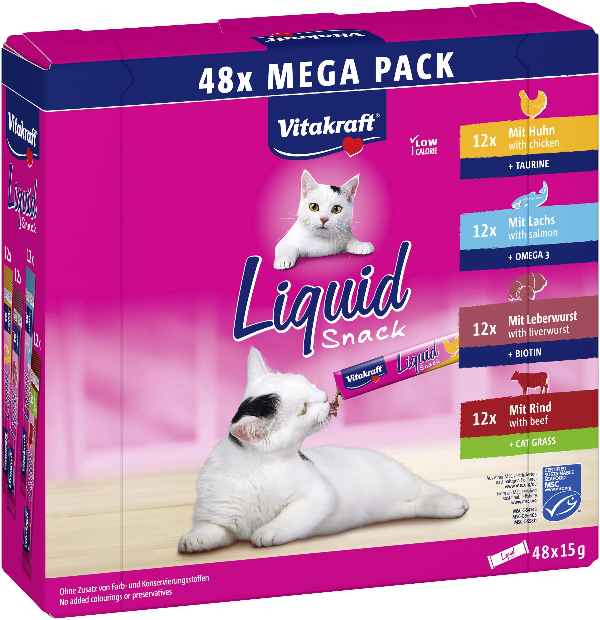 Vitakraft Liquid snack per gatti, snack gatto in formato mega pack, consistenza cremosa, con manzo, con pollo, con salmone, 1 confezione scorta (48x 15g)