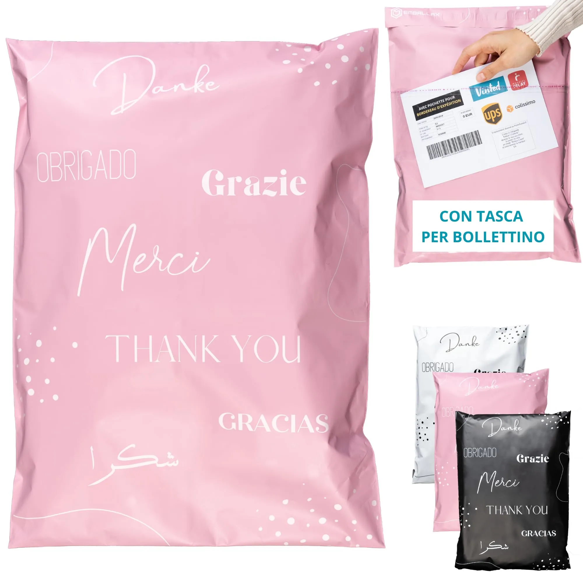 EMBALLAX - 50 Buste per Spedizioni Vinted CON TASCA PER BOLLETTINO - Taglia L 40x30cm - NON TRASPARENTI/ULTRA-RESISTENTI - Sacchetti Spedizione in Plastica - Pochette per Spedizioni Postali - Grazie