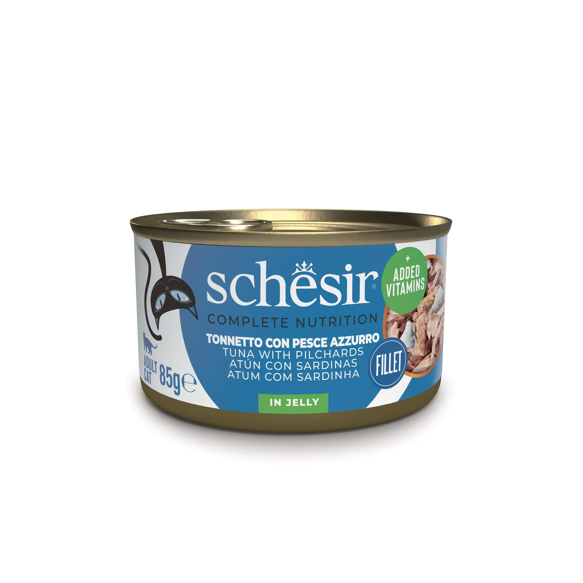 Schesir, Tonnetto con Pesce Azzurro in Gelatina, Alimento Umido Completo per Gatti, in Lattina, Ingredienti 100% Naturali, Cruelty Free, 12 x 85g