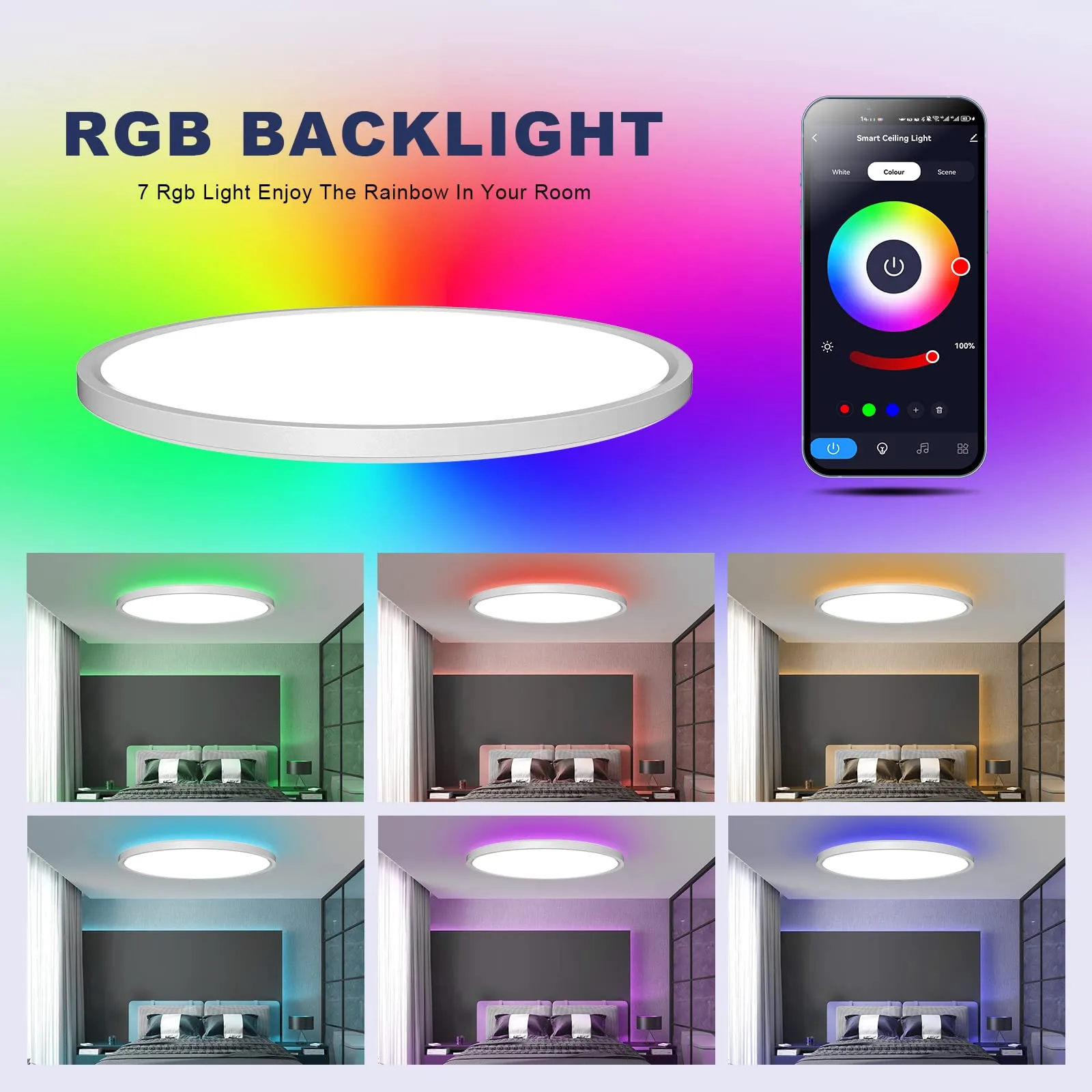 OTREN Plafoniera LED Soffitto con RGB, Lampadario Bagno Dimmerabile 36W con Telecomando e APP, Luce Pannello per Camera da letto Cucina Soggiorno, Rotonda, Ø30CM