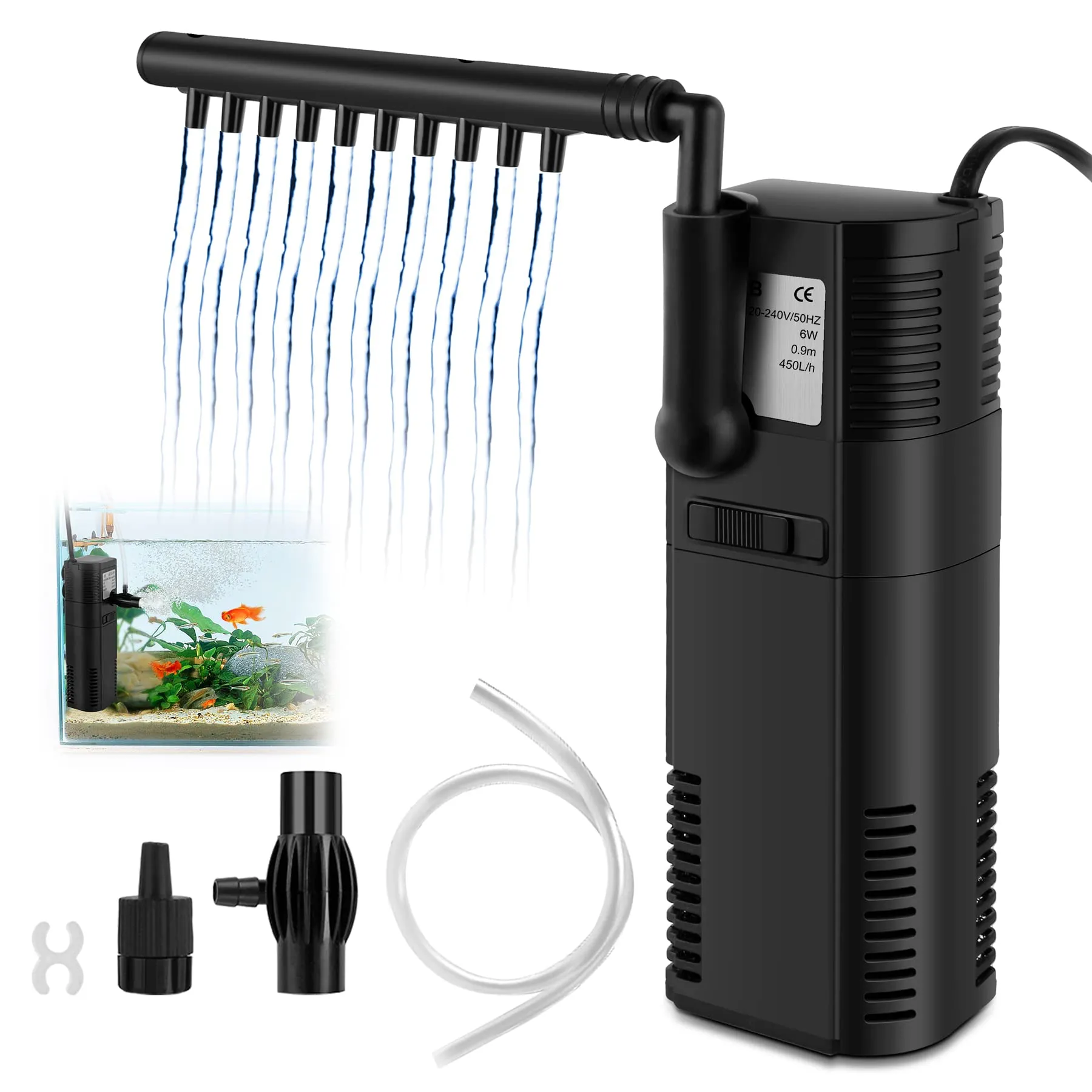 everfarel Filtro Interno Acquario all'Interno Pompa Filtro con Barra dello Spruzzo per Pesce Serbatoio 300L/450L/H 2/6W (300L)