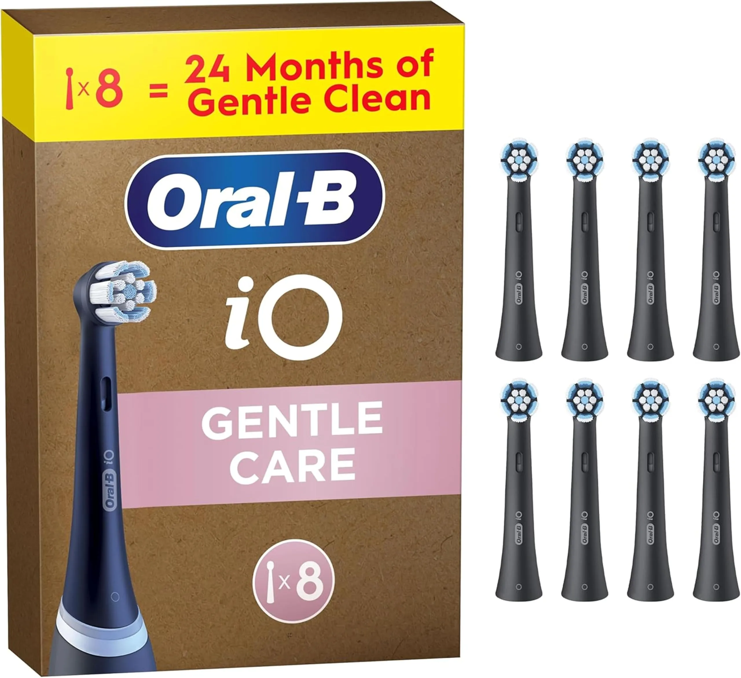 Oral-B Testine di Ricambio iO Gentle Care Nere, 8 Testine Oral B per Spazzolino Elettrico, Rotonde Originali per Gengive Sensibili, Setole angolate per rimuovere la placca