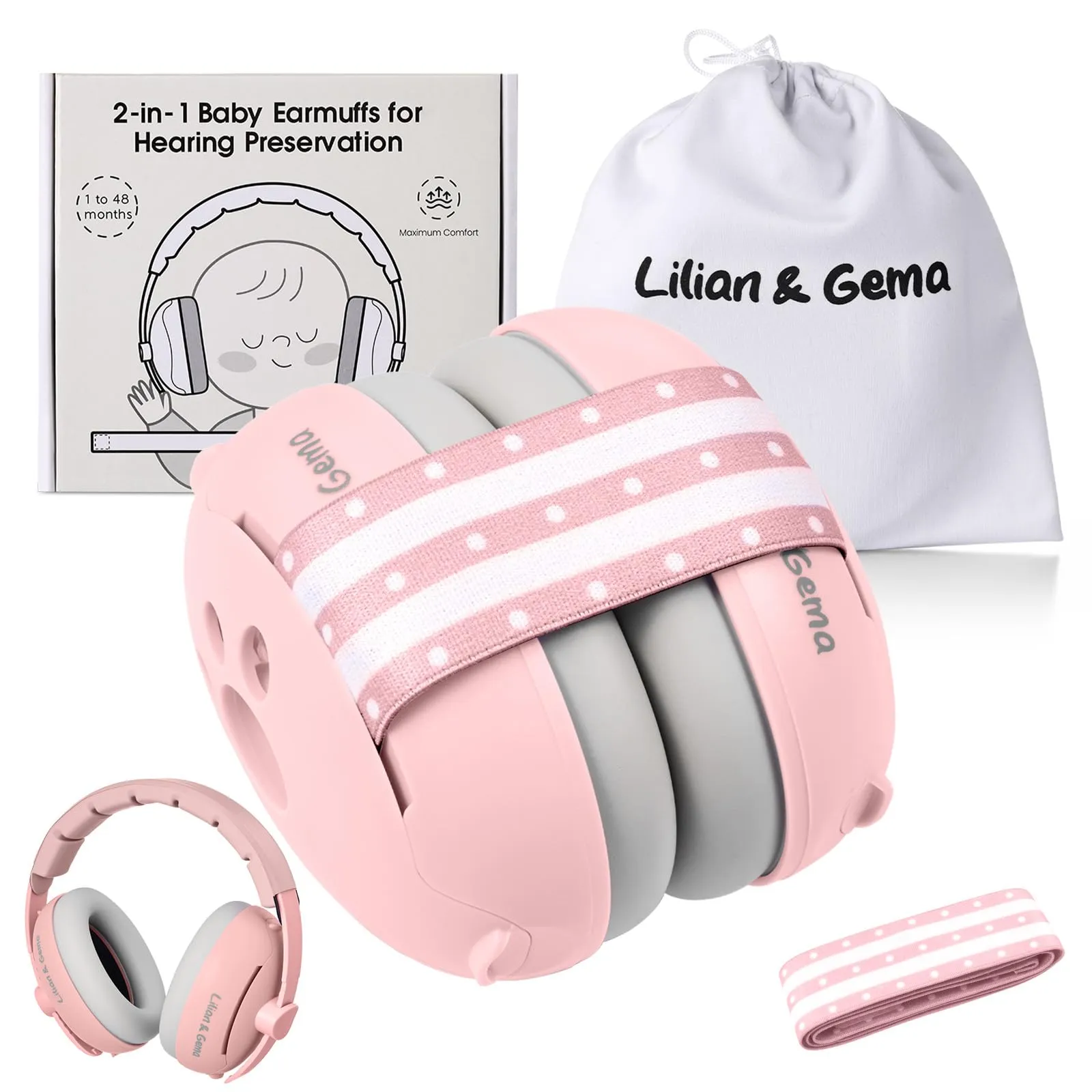 Lilian&Gema 2 in 1 Cuffie Neonato Antirumore -25dB,Protettori acustici per neonati, archetto regolabile, antiscivolo e antistress, protezione acustica ideale per neonati fino a 48 mesi